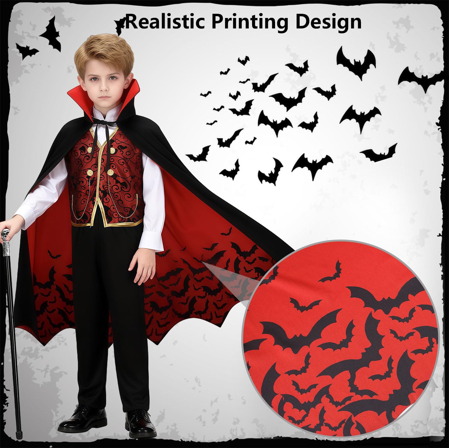 Costume de vampire pour enfant, garçon, gothique, royal, médiéval, gothique, pour carnaval, fête d'anniversaire, avec accessoires de luxe, canne de vampire, phosphorescente dans le noir,