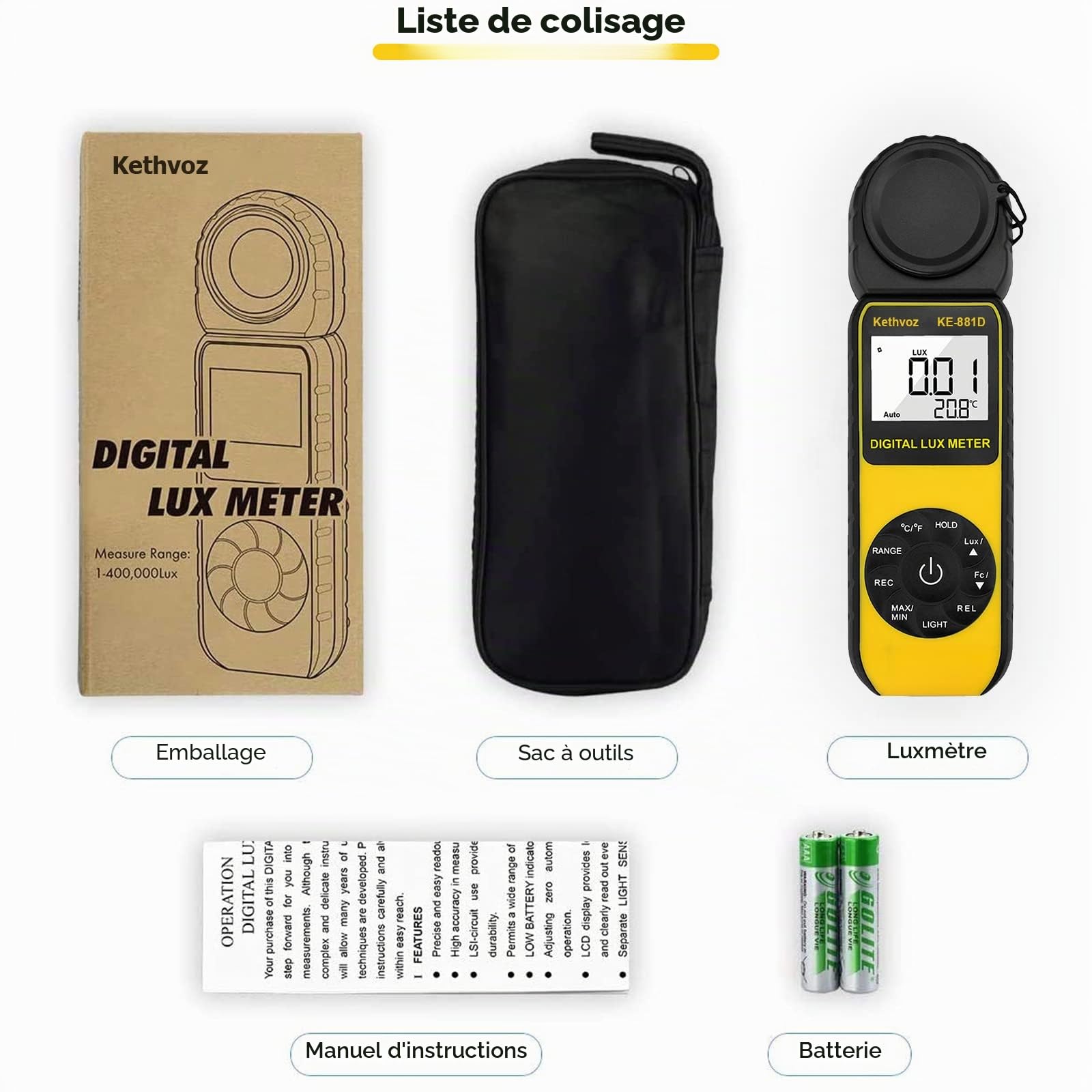 Kethvoz Light Lumen Meter, Numérique luxmetre Mesurer Lumiere Intensité 400,000 Lux, Testeur de Luminosité Lumineuse KE-881D