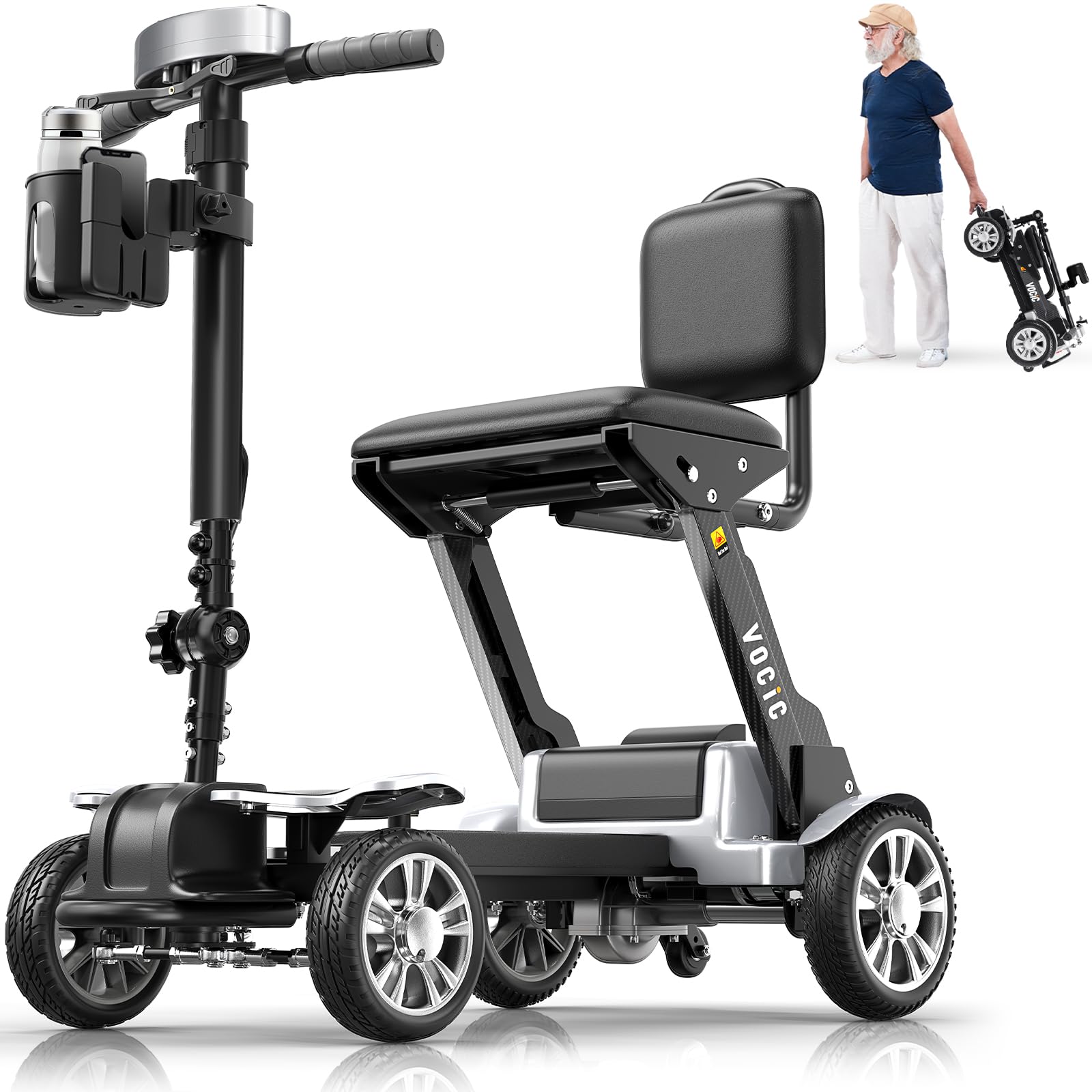 VOCIC D71 Scooter de movilidad ultraligero de carbono plegable 21 kg | 20 km de autonomía, soporta hasta 150 kg, marco ajustable, fácil de transportar y apto para viajar en avión, Plata