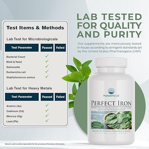 Miniatura 4 de Nature's Lab Perfect Iron Suplemento dietético de 25 mg - Fórmula suave no estreñidora - Apoya glóbulos rojos saludables y niveles de energía - 180