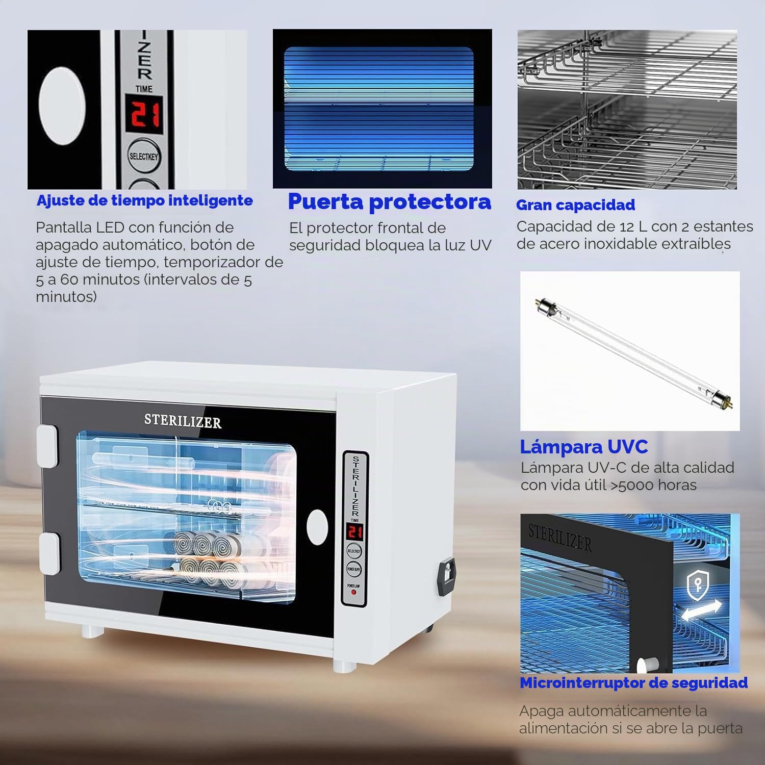 Esterilizador UV, esterilizador manicura de 12L,desinfectante maquina barberia con ajuste de temporizador, esterilizador de luz LED UV para uso en casa, salones de uñas,peluquería, salón de belleza