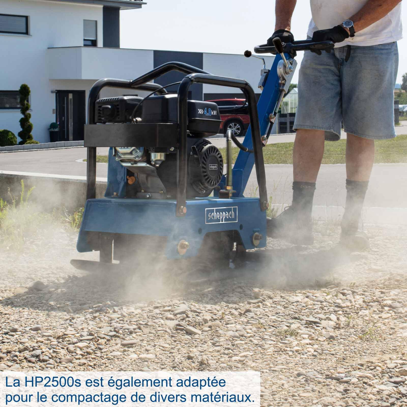 Scheppach Plaque Vibrante Thermique HP2500S Compacteur |6,5 CV| Pression de compactage 25 kN | Profondeur de compactage 40cm | Vitesse 25m/min |Tapis caoutchouc & dispositif de déplacement inclus