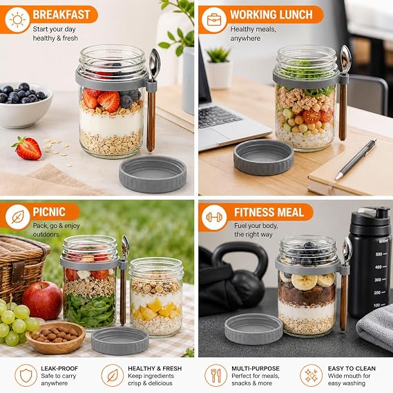 Overnight Oats Jar Breakfast Pots (12oz) – Glass Mason Jars with Lid & Spoon for Chia, Yogurt, Granola & Cereal Airtight Meal Prep Container with Measurement Mark Bundled with 500g Quaker Rolled Oats
