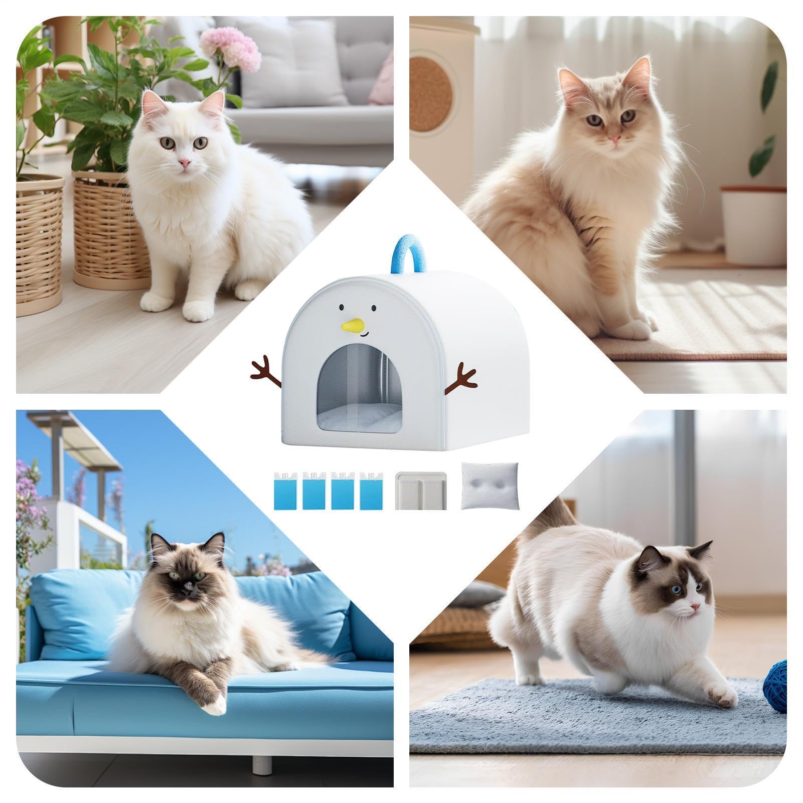 Cuccia Estiva Gatto Refrigerante con 4 Panetti di Ghiaccio, lettos Isolato Impermeabile e Traspirante, Grotta Rifugio per Gatti e Cani Piccoli, Tenda da Interno Casa e Ufficio