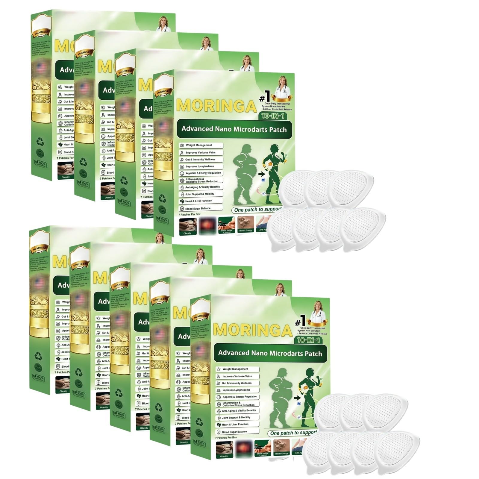 Moringa 10 in 1 Patches,Advanced Nano Microneedle Patch, Patch dimagrante naturale per perdita di peso, pancia piatta, facile da applicare, invisibile, da uomo e donna, patch per tutti i tipi di corpo