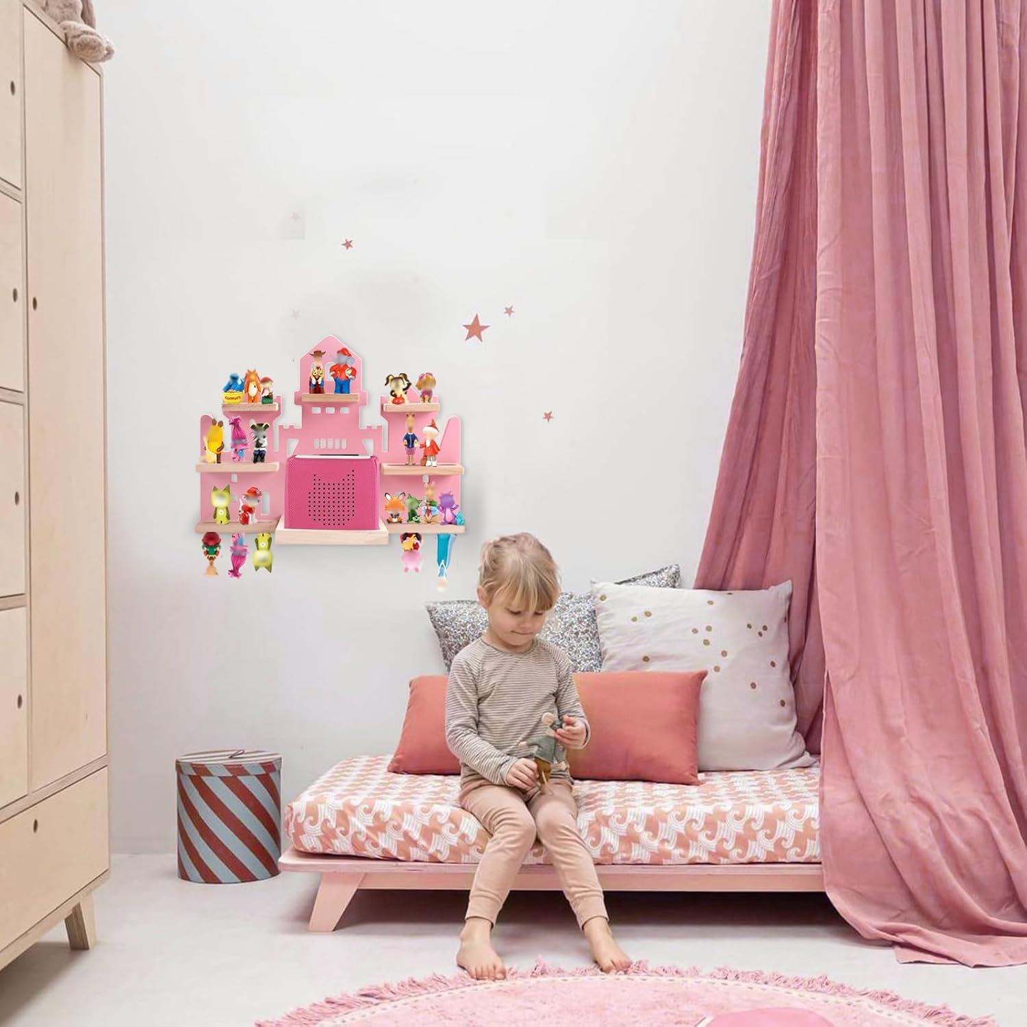 Tonie Shelf for Tonies Box Set - Tonie Storage for Tonie Box & Tonies Figures & Charging Station, Magnetic Wooden Floating Shelf for Toniebox & 15-33 Tonies Characters, Wall Mounted Rack,Castle Shape