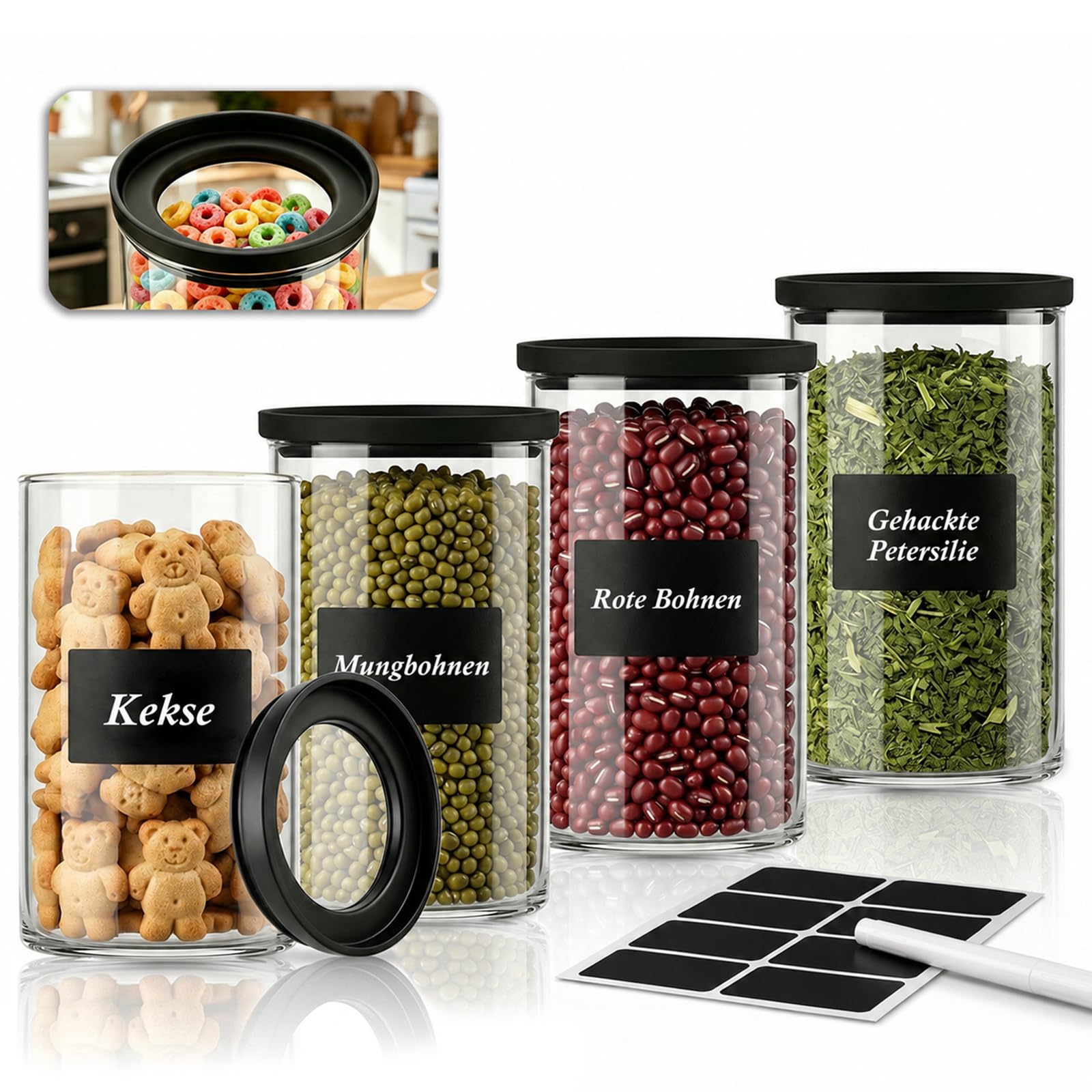 twoant Juego de 4 Redondos Tarros de Cristal Con Tapa Hermética transparente y apilable，1200ml Cocina Botes Almacenaje Ideales Para Guardar Especias, Pasta, Legumbres, Avena, Cereales, Etc
