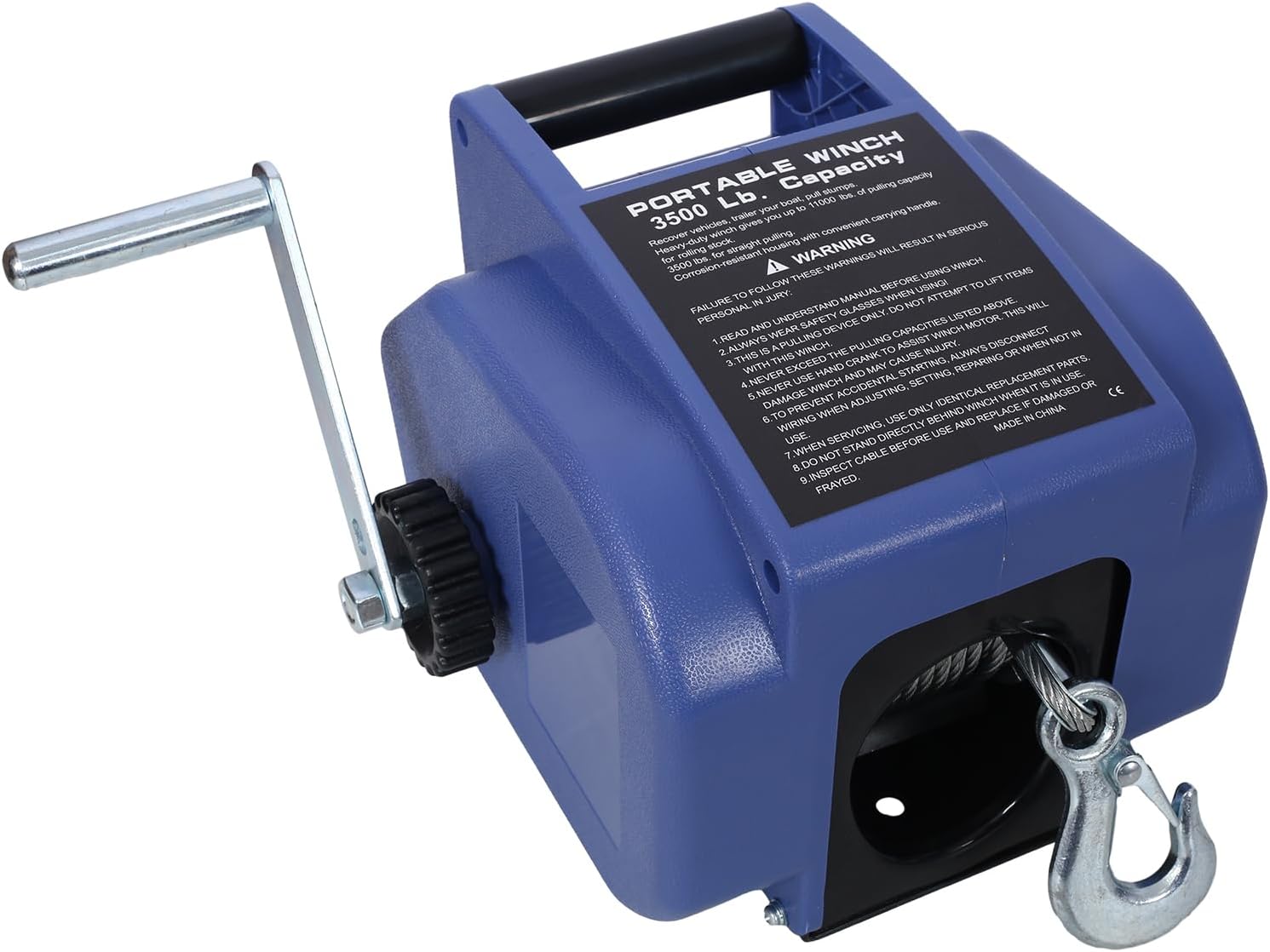 12V Trailer Winch, Reversible Electric Power in/Out, Galvanized Wire Rope, Extra Pulley Hook, Boats Up to 6000 lbs, Stylish Blue Plastic Casing