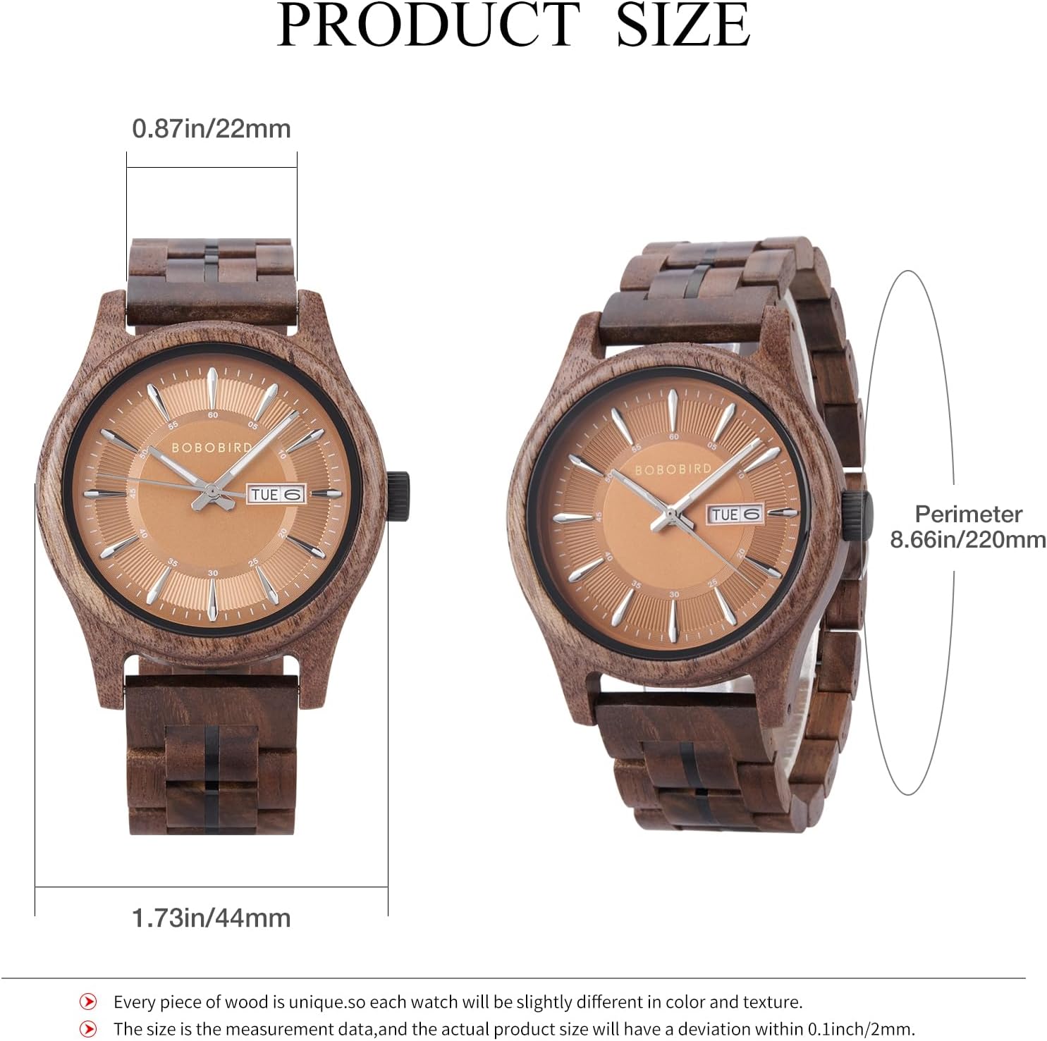 BOBO BIRD Men's Wooden Watch with Quartz Movement Week Date Display Wood Watches 44mm Case for Men