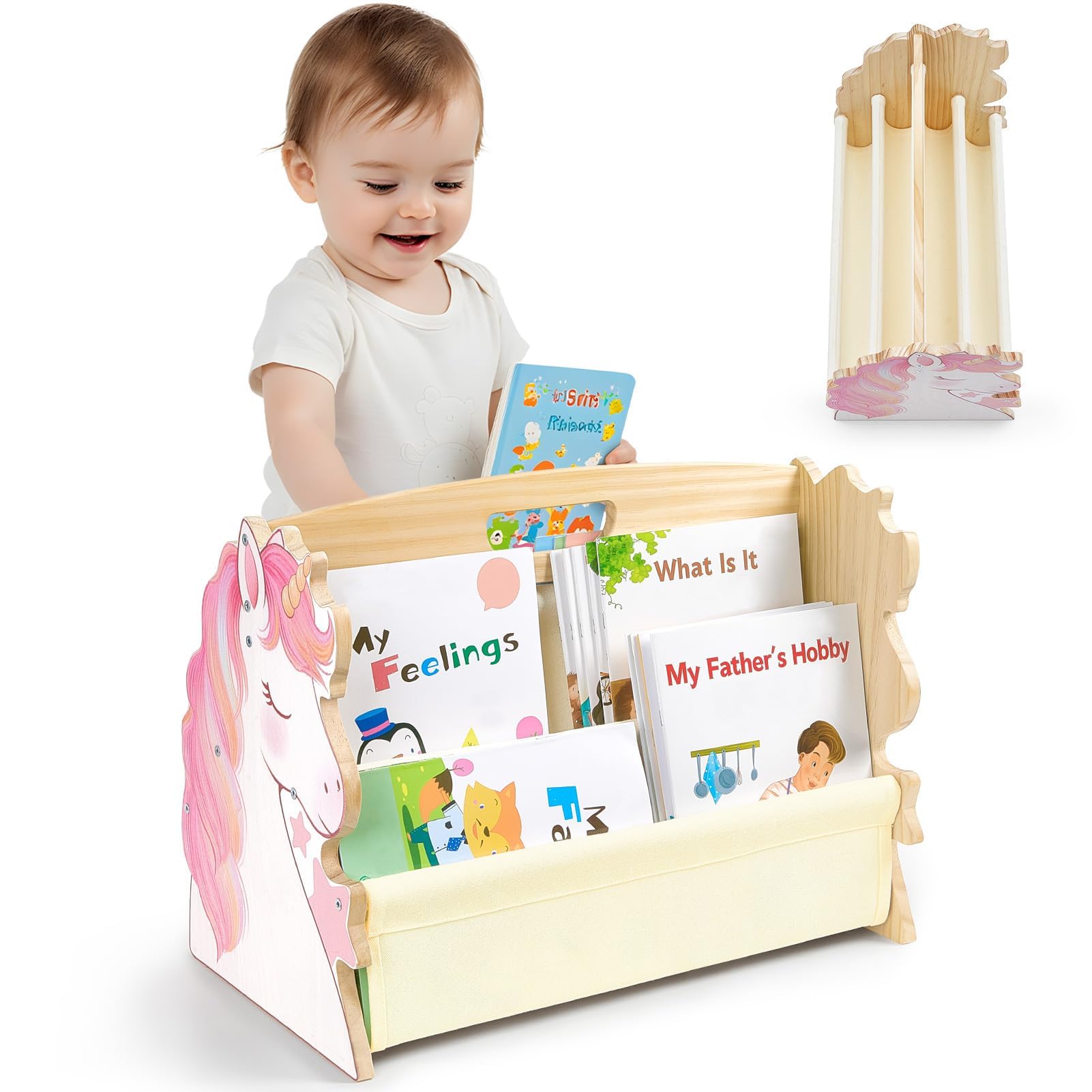 Toddler Bookshelf Double-Sided with 4 Tier Deep Sleeves Kids Wooden Montessori Book Rack for Baby Nursery Room, Playroom, Classroom or Bedroom Bookcase Storage Organizer, Pink Unicorn