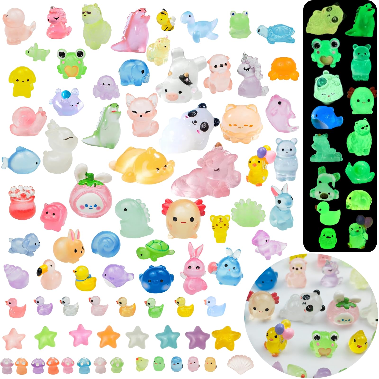 100 PCS Luminous Mini Resin Animals 56 Types, Miniature Tiny Plastic Animal Figures Glow in The Dark Mini Ducks Rabbit Dinosaur Unicorn Frog for Micro Landscape Fish Tank Garden Dollhouse DIY Decor