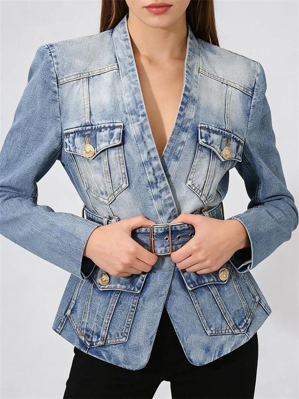 Women V Neck Denim Jacket Patchwork Belted Long Sleeve Casual Coat