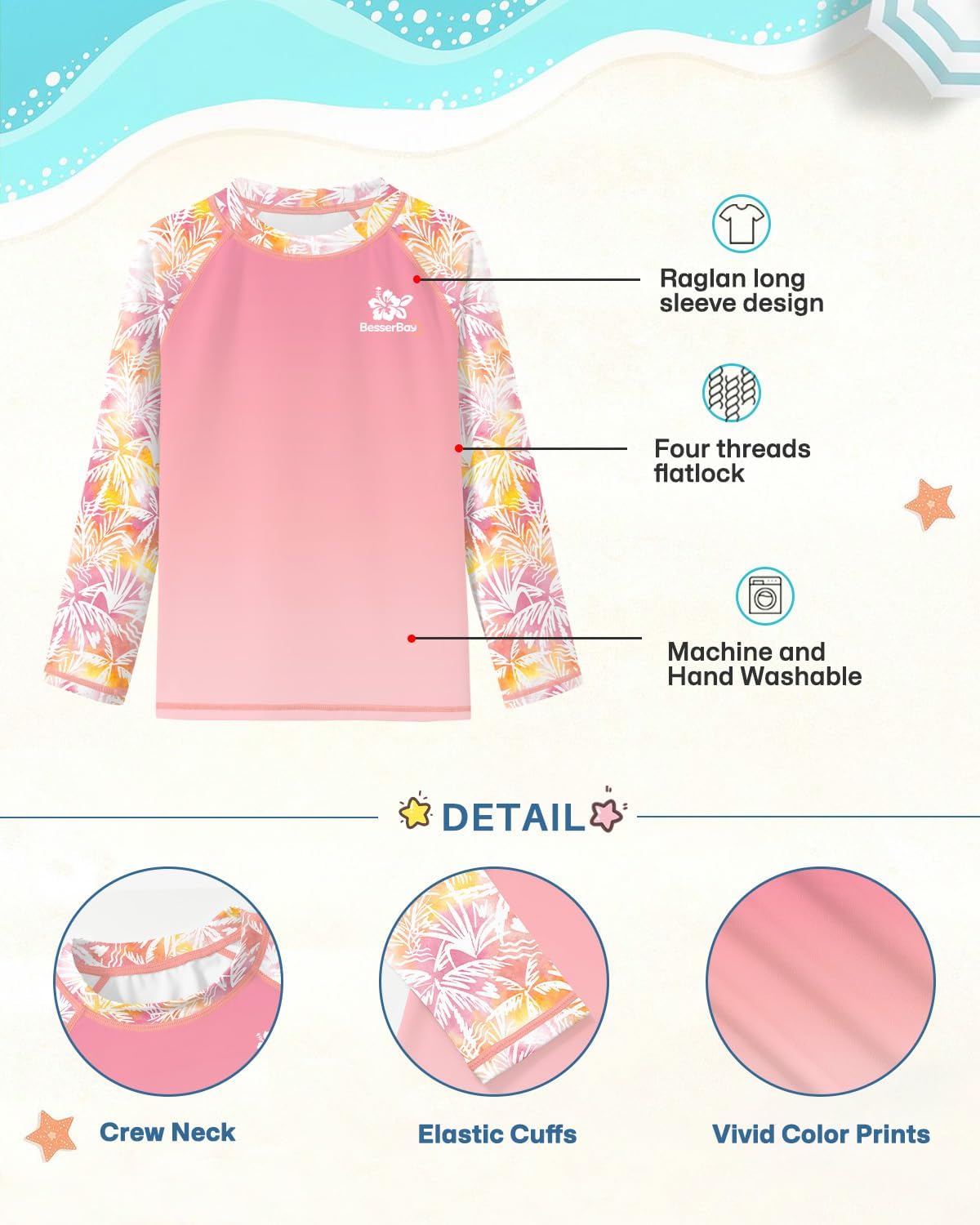 BesserBay Girls Rash Guard UPF 50+ Raglan Sleeve Quick Dry Swim Shirt 4-12 Years - Image 4