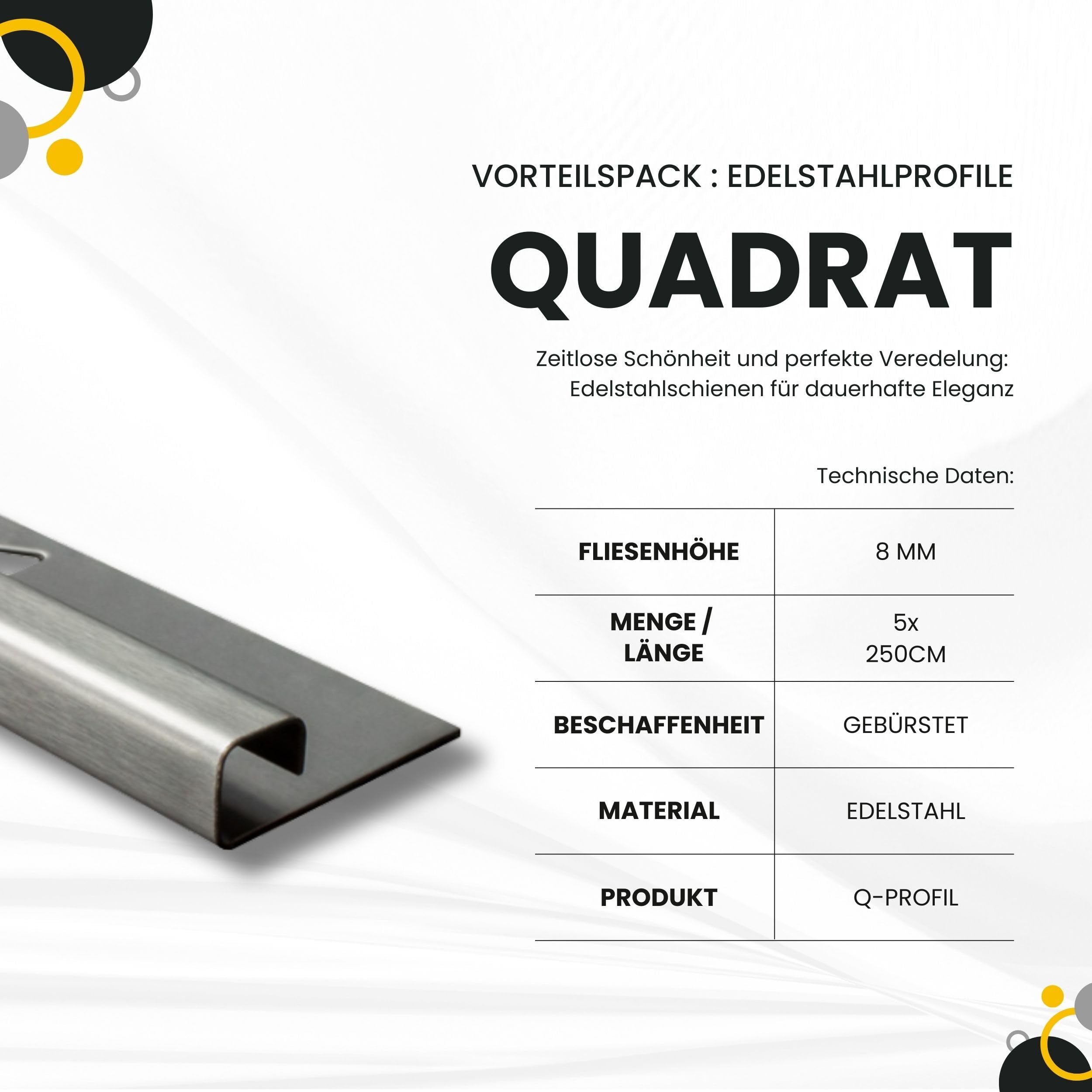 5x Quadrat Edelstahlschiene Fliesenprofil Fliesenschiene L250cm 8mm gebürstet