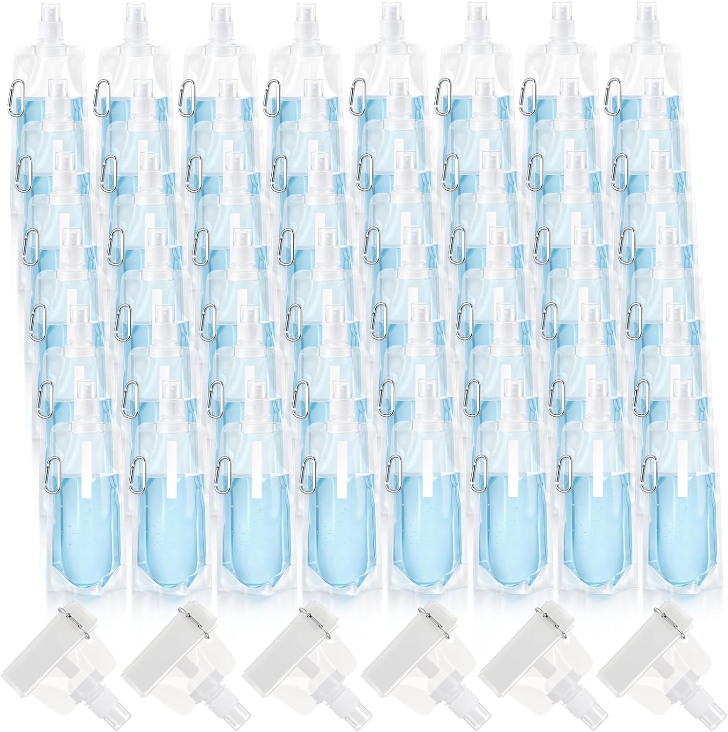 48 Pack Collapsible Water Bottles Bulk 16oz Foldable Water Bottles with Carabiner Reusable Drinking Leak Proof Container Bags for Sport Biking Hiking Camping Travel Outdoor (Transparent)