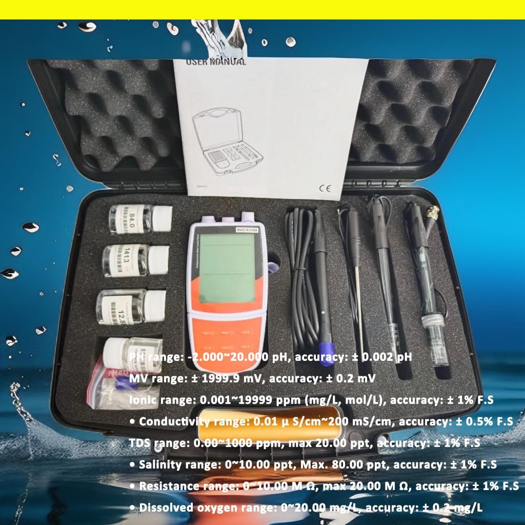 Multiparameter Water Quality Testing Meter Multi Parameter pH mV Conductivity TDS Salinity Resistivity DO Temp Measurement With 1 to 5 Points Accuracy ±0.002pH Standard Calibration Solutions