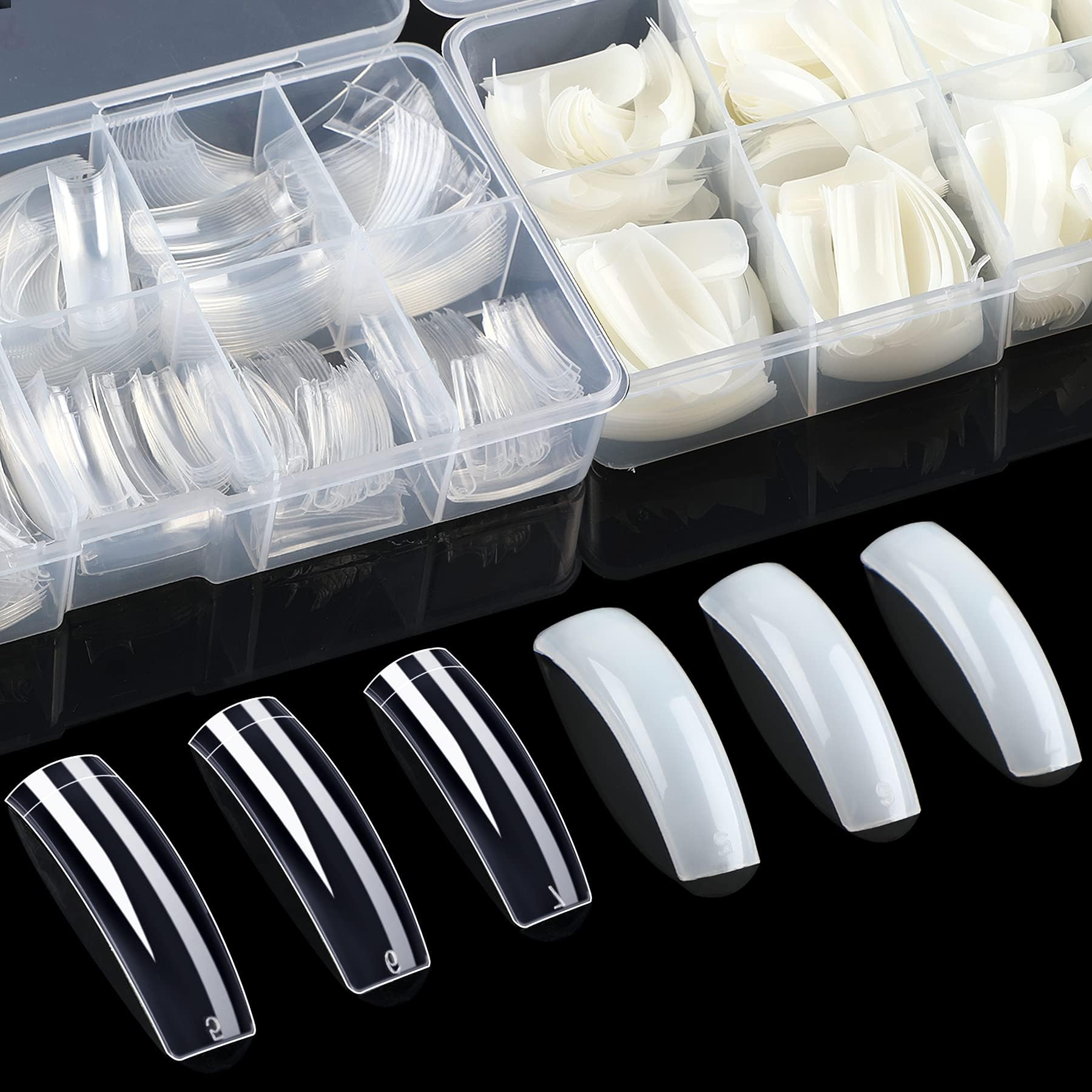 KASTWAVE 1000Pcs French Fake Nail Extension Tips, Acrylic Nails Artificial False Flake Nail Tips, 10 Sizes Clear & White Half Cover Fake Nails for for Nail Salon Nail Shop DIY