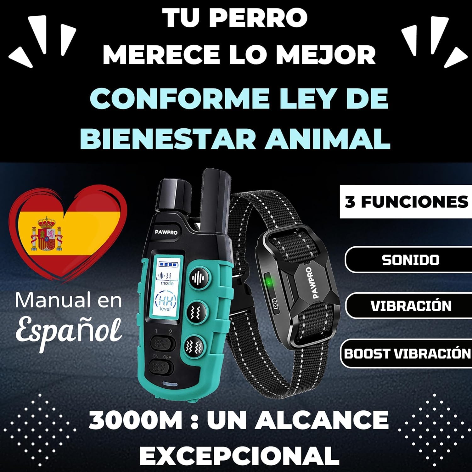 PAWPRO Collar de Adiestramiento para Perros de Todos los Tamaños | Alcance XXL de 3000 Metros | Cumple con la Ley de Bienestar Animal 2024 | 3 Modos: Sonido, Vibración, Boost Vibración (1 Collar)