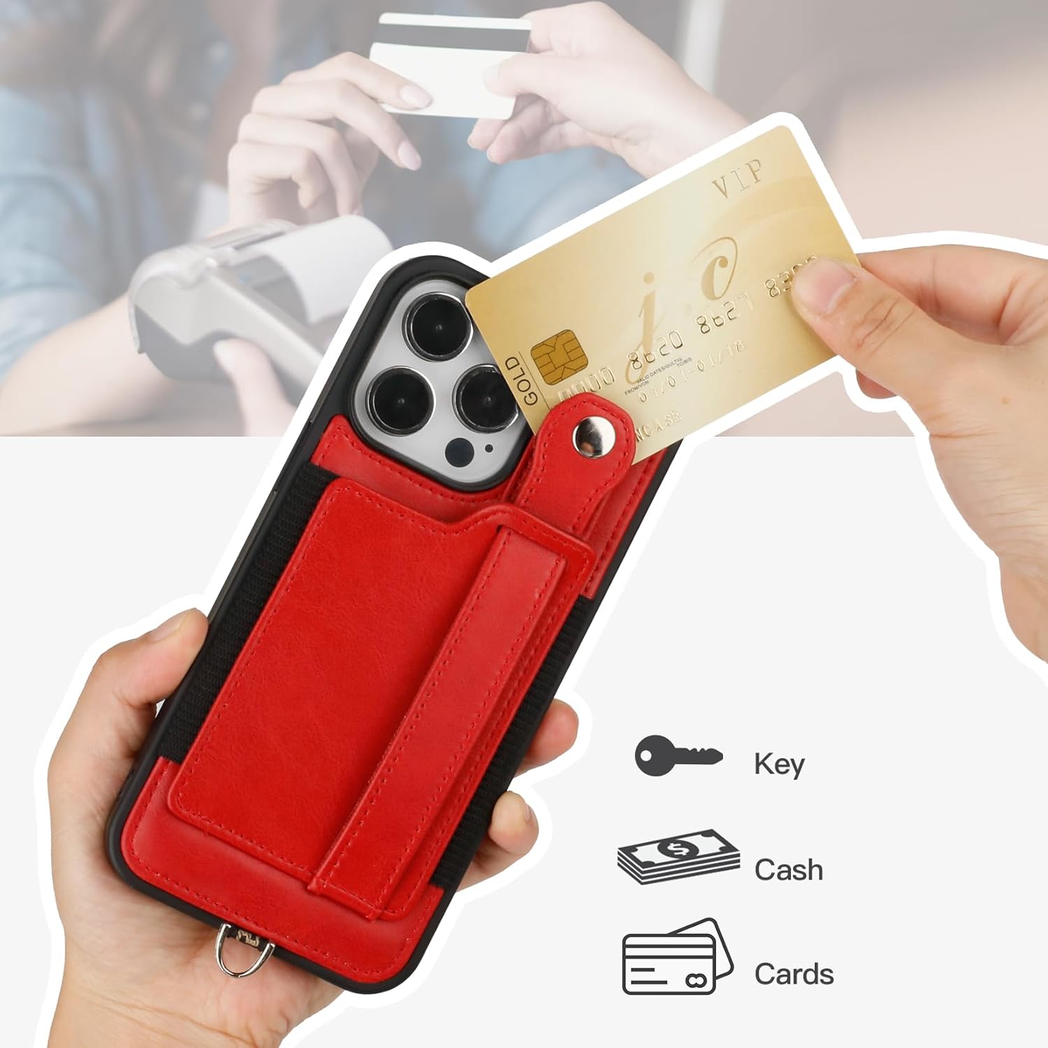 TOOVREN Phone Cover for iPhone 15 Pro Wallet Case with Card Holder Stand Neck Strap PU Leather Cover Fits iPhone 15 Pro Case with Wallet Lanyard Kickstand Detachable for Women Men 6.1 inch Red