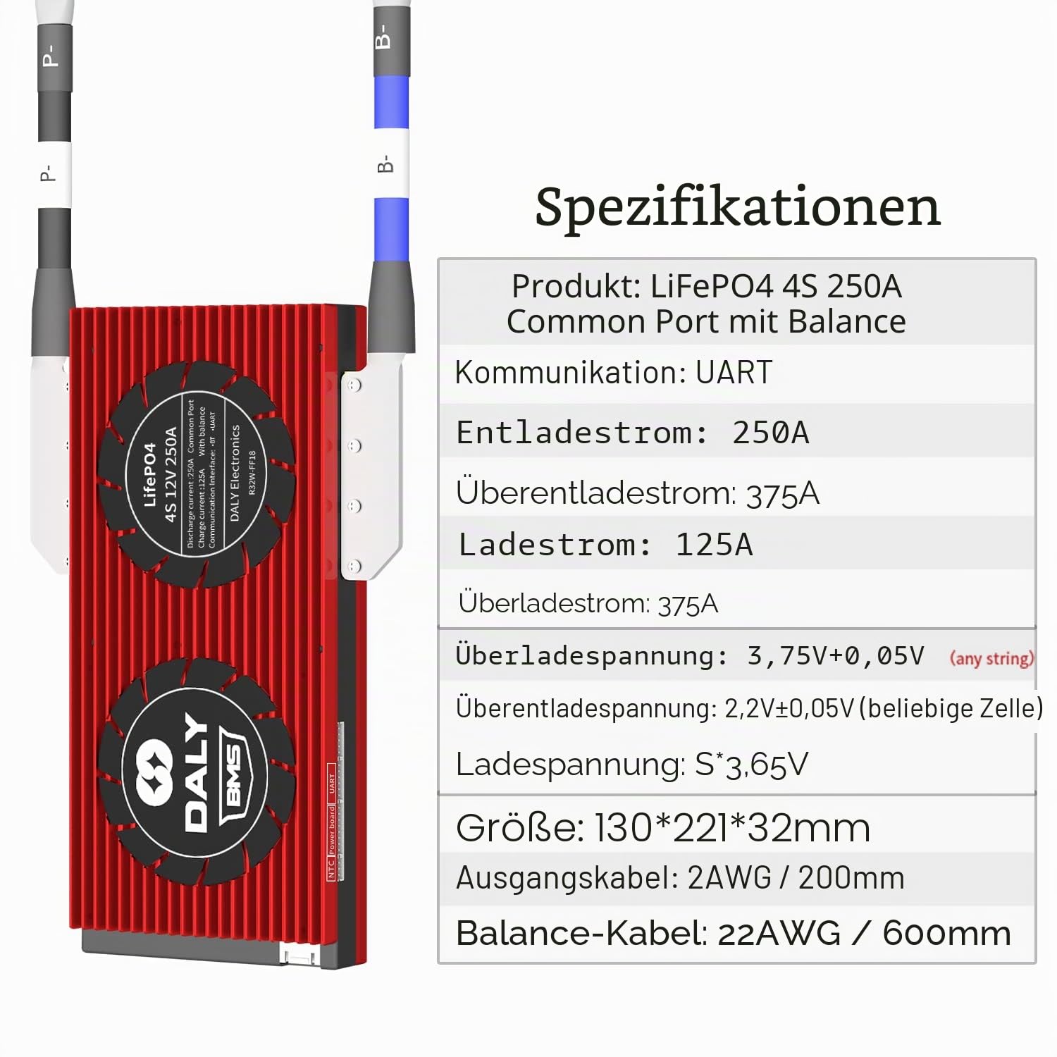 DALY Smart BMS LiFePO4 4S 12V 250A Bluetooth Smart PCB Batterieschutzplatine Batteriemanagementsystem mit Ausgleichskabeln und drahtlosem Bluetooth-Modul für Lithium-Eisen-Phosphat