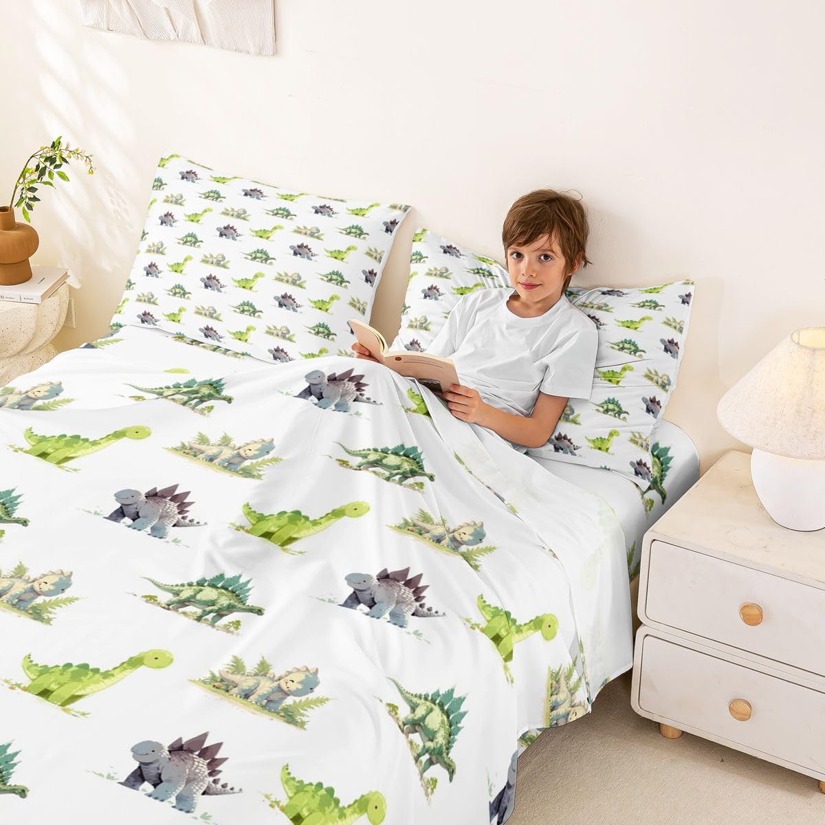 Homewish Zestaw pościeli z dinozaurem podwójny uroczy dżungla zwierzę kreskówka prześcieradła kawaii myśliwski dinozaur zestaw prześcieradeł - nowoczesna natura dinozaury dopasowane górne