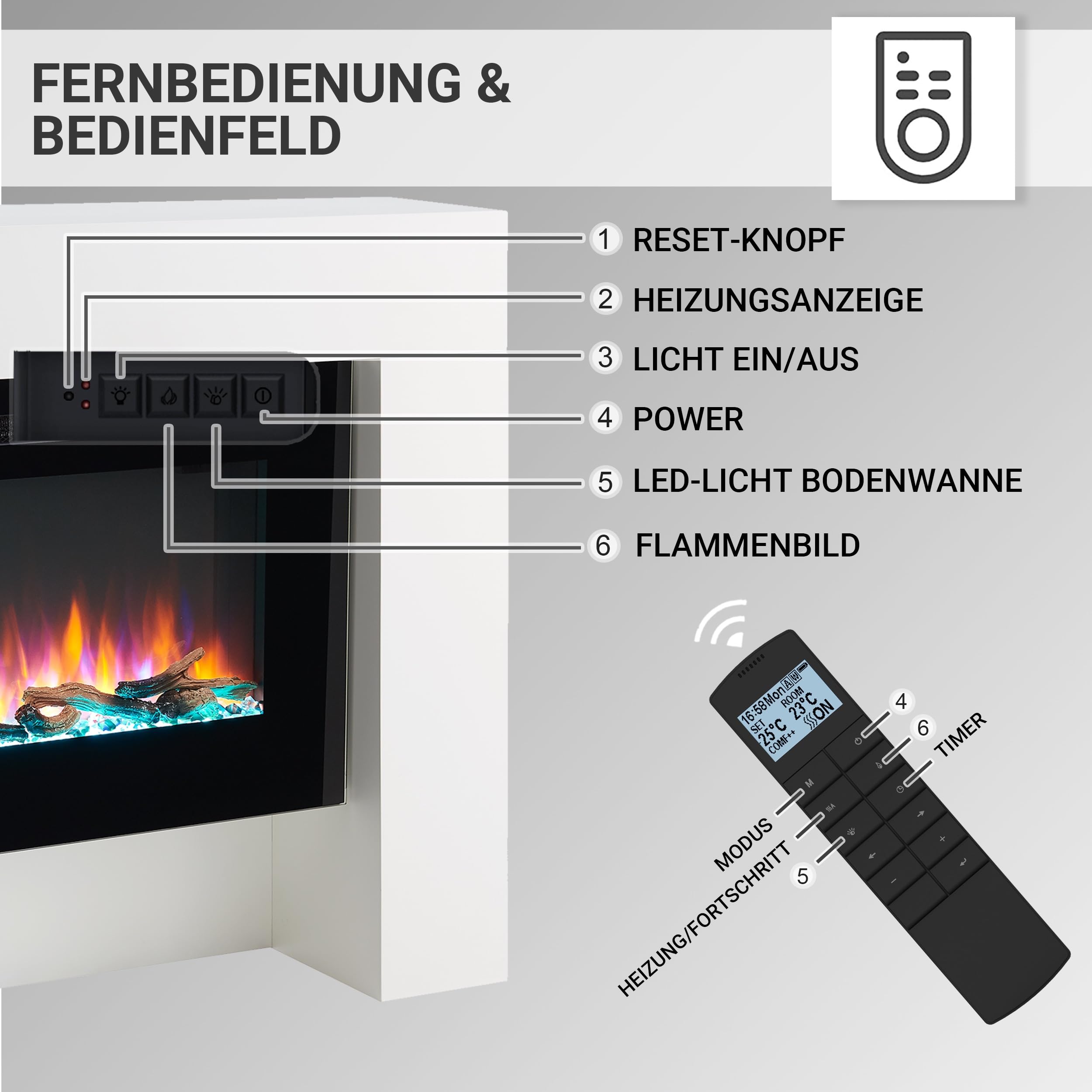 BALDERIA Elektrokamin Herkules, Elektrischer Standkkamin, Weiß | 3D-Flammeneffekt, Elektro Heizung 1000/2000W, LED-Beleuchtung, Fernbedienung, Timer, Startsteuerung, Thermostat