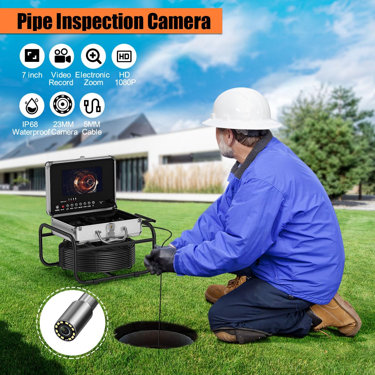 Telecamera di Ispezione tubi 30M, Telecamera per Fognatura Impermeabile IP68 con DVR, 7'' Schermo Professionale Telecamera Endoscopio 16GB