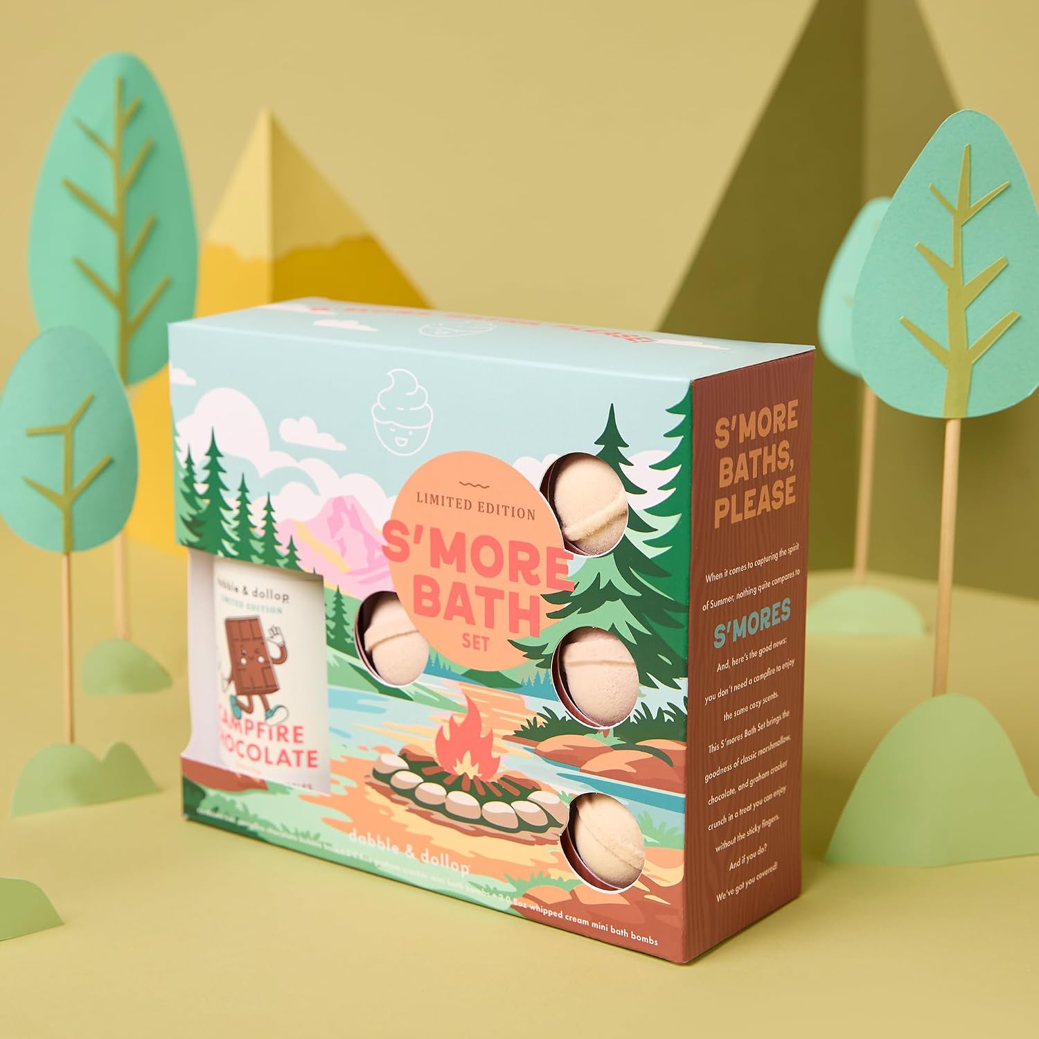 Dabble & Dollop S’Mores Bath Set - Kids Bath Bombs Gift Set with Tear-Free Chocolate 3-in-1 Shampoo, Body Wash & Bubble Bath + Marshmallow & Graham Bath Bombs – Gentle for Sensitive Skin (5-Piece)