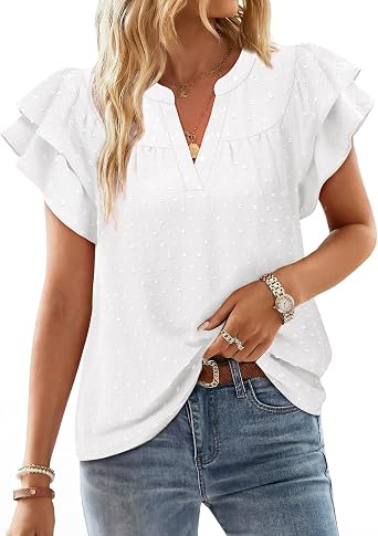 Gaharu Womens Summer Tops Ruffle Sleeves V Neck Blouses for Women Dressy Casual Swiss Dot Short Sleeve Shirts