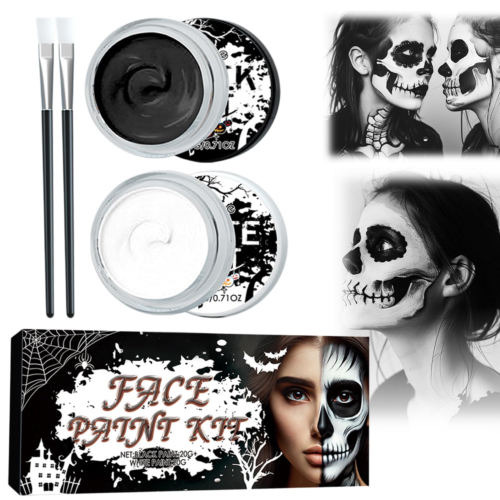 Kit Maquillage Halloween Noir Et Blanc - Peinture Visage Huile, 2 Pinceaux, Pour Clown, Zombie, Cosplay