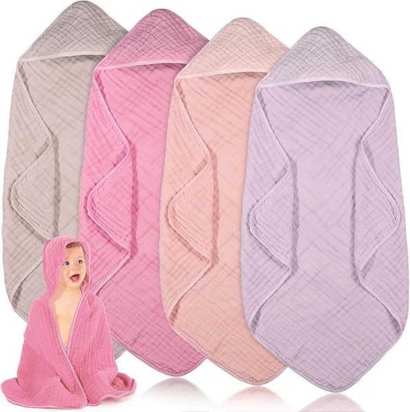 Peryiter 4 Pcs Muslin Hooded Baby Towels, 32"x 32" Cotton Newborn Bath Towel Muslin Infant Baby Blankets Absorbent Unisex Newborn Registry Gift Essentials for Girls Boys (Pink Series)