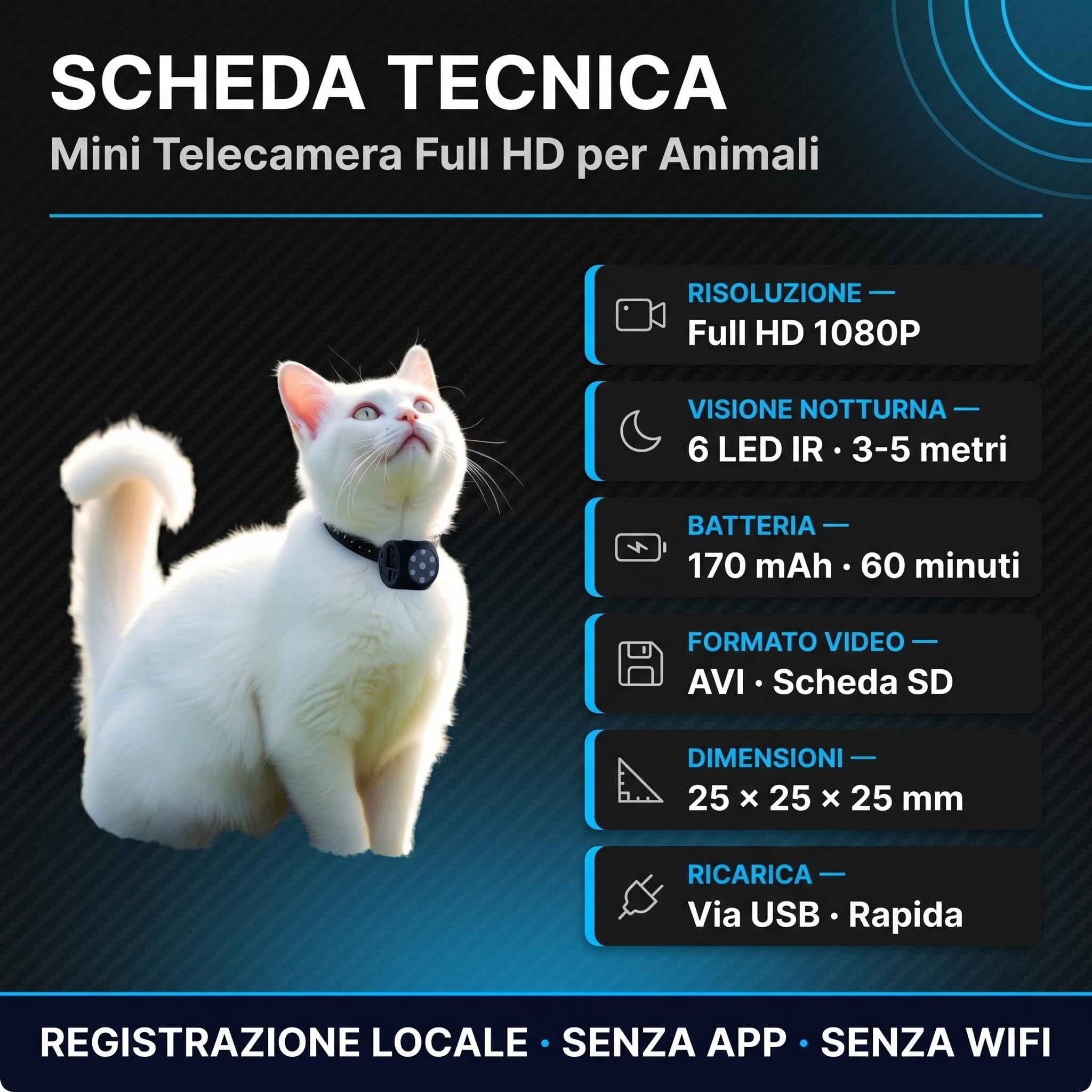 Mini telecamera portatile full hd 1080p, Cani e Gatti visione notturna a infrarossi, registrazione su SD, collare regolabile a strappo (CAMPET1)