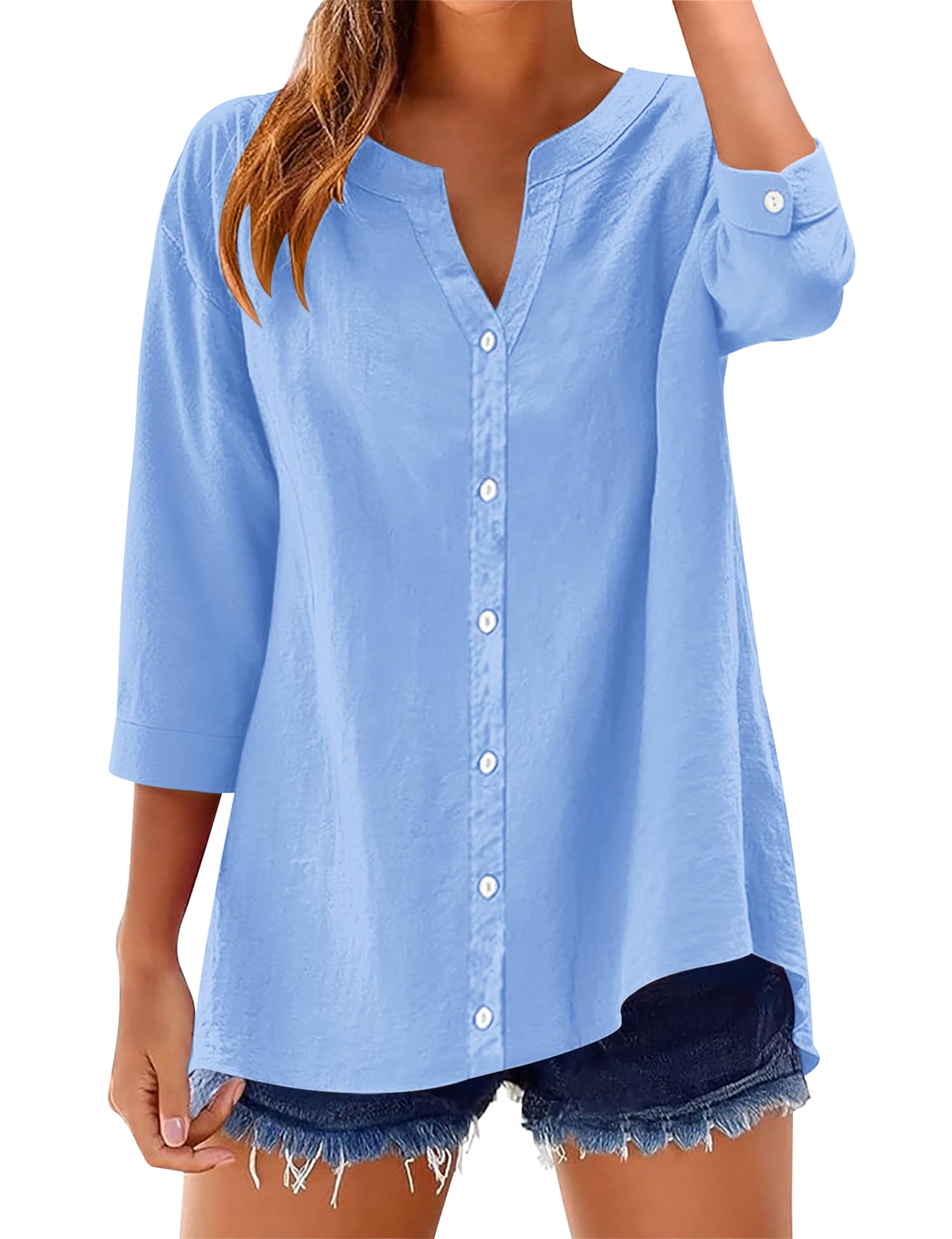 Rapbin Damen Bluse 3/4 Ärmel Baumwolle Leinenbluse V-Ausschnitt Knopfleiste Uni Tunika Hemd Casual Locker Aufrollbare Ärmel