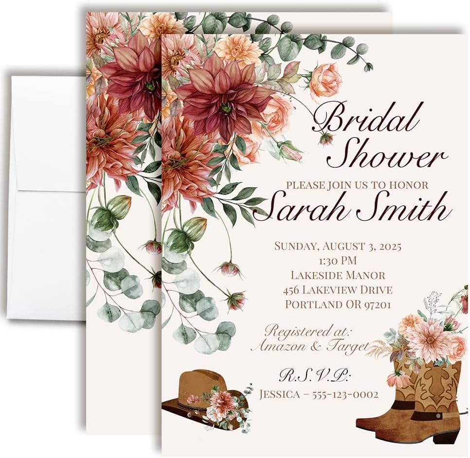 Custom Rustic Cowboy Boots Bridal Shower Invitations – 30 Personalized 5x7 Rustic Western Wedding Shower Cards with Thirty Envelopes – Boho Country Bridal Invites by AmandaCreation