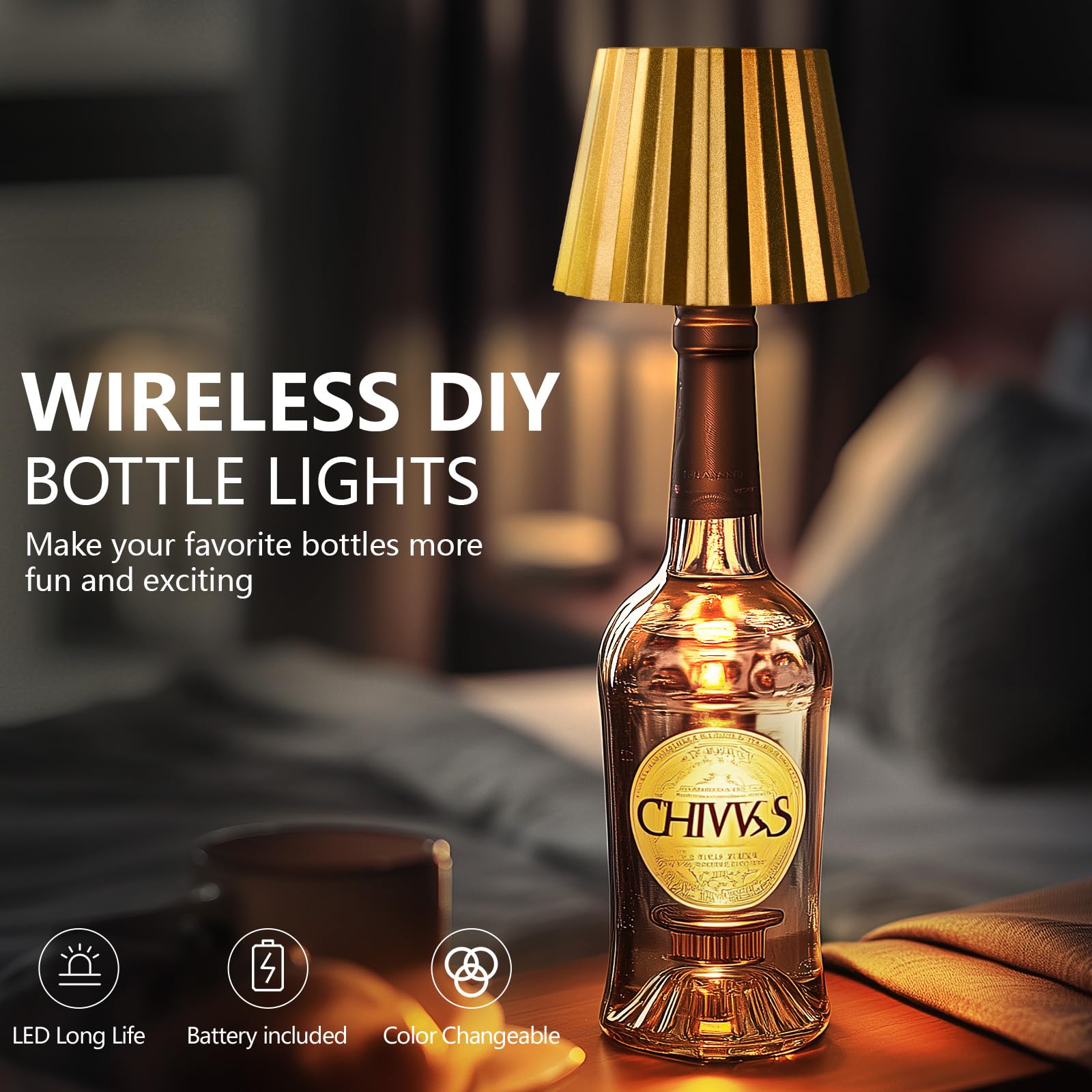 Beaeet Wireless Bottle Lamp Shade,Ricaricabile LED Portatile Cordless Tavolo Lamp, 3 Colori Stepless Dimming Touch Wine Bottle Lights for Outdoor Bar Dining Bedroom(Gold)