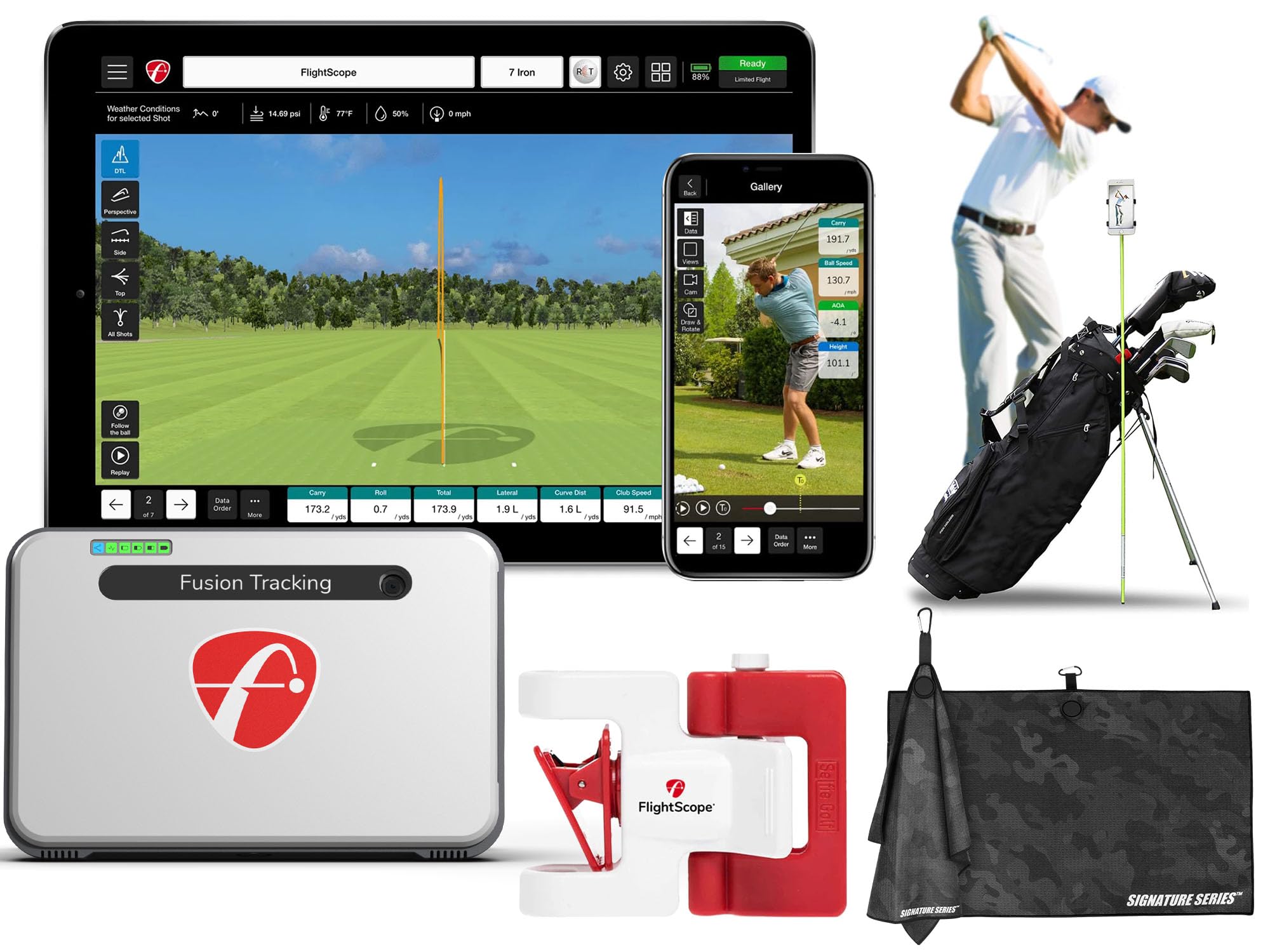 FlightScope Mevo+ GPS Golf Simulator and Launch Monitor with SelfieGolf Phone Clip | 20+ Swing Data Parameters, Multicam, 12 Courses, and Games | Indoor and Outdoor | Signature Series Golf Towel
