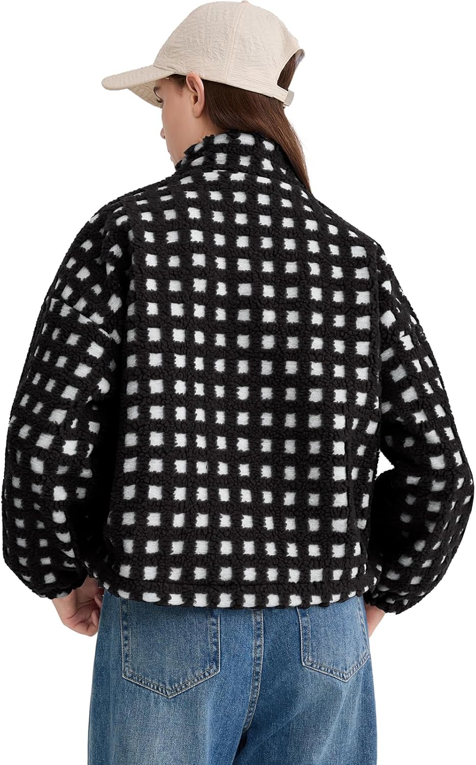 Oymyakon Women Checkered Sherpa Jacket Cropped Long Sleeve Fuzzy Plaid Fleece Coats Casual Zip Up Gingham Outwear - Image 5