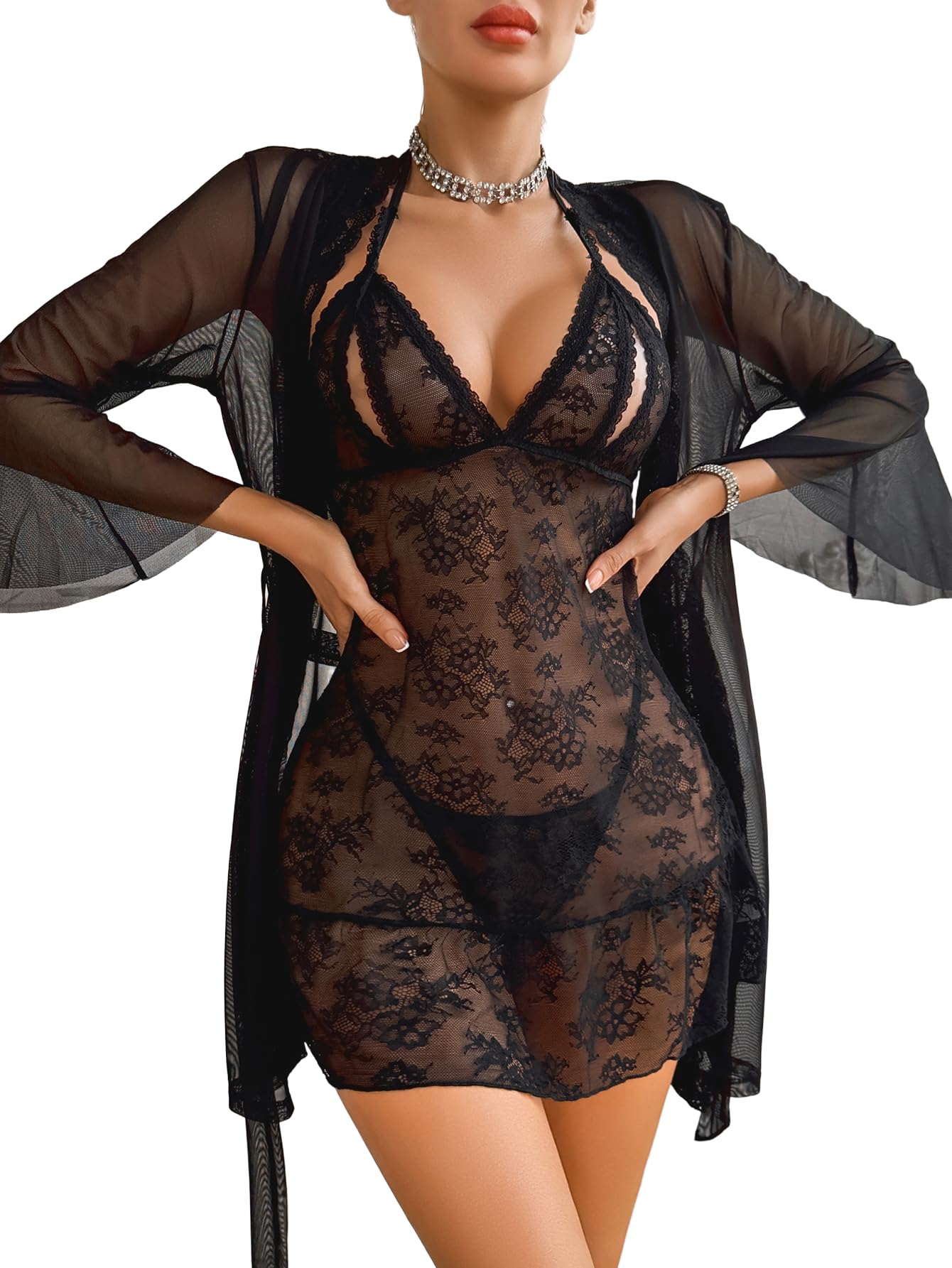 Avidlove Women Sexy Lingerie Set 3 Piece Mesh Kimono Robe with Lace Babydoll Sleepwear Halter Lingerie Nightgown