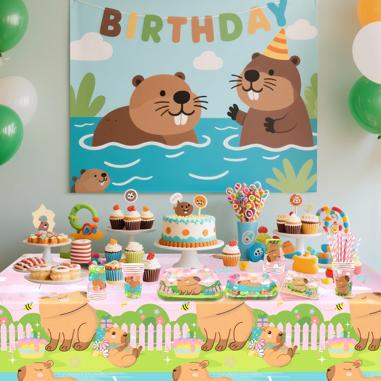 Rosa Capybara Party Decoration - Capybara Compleanno Party Stoviglie Accessori include piatti, tazze, tovaglioli, tovaglie, cannucce - per 20 persone
