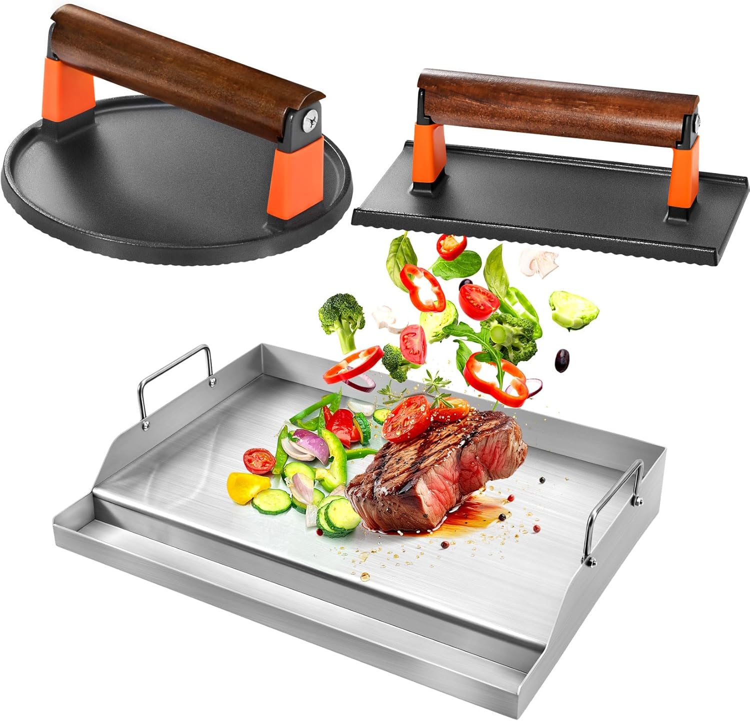 GGC Burger Press Kit and 18" x 12.5" Flat Top Griddle Plate for Stove Tops and Gas Grills, Cast Iron and Stainless Steel BBQ Replacement Kits for Charcoal, Tailgating and Parties