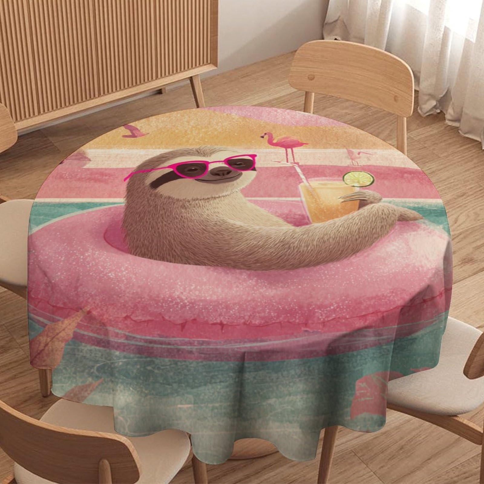 LUYYSKY Vintage Realistic Sloths Waterproof Round Tablecloth Classic Oil Painting Tropical Palm Trees Animals Sloths Flamingos Washable Table Cover for Kitchen-127 Wx127 L cm