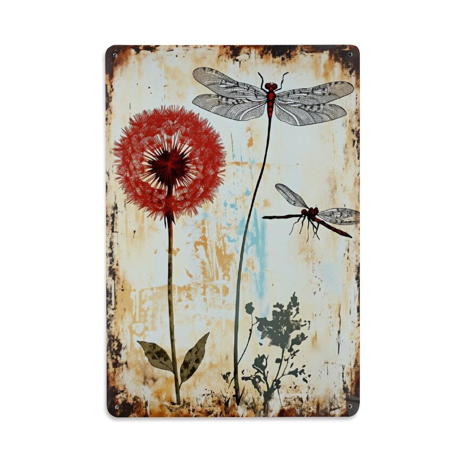 Enderetf Vintage Red Dandelion Dragonfly Art Print Tin Sign Metal Poster, Home Bar Garage Man Cave Cafe Indoor & Outdoor Wall Decoration 8X12inches