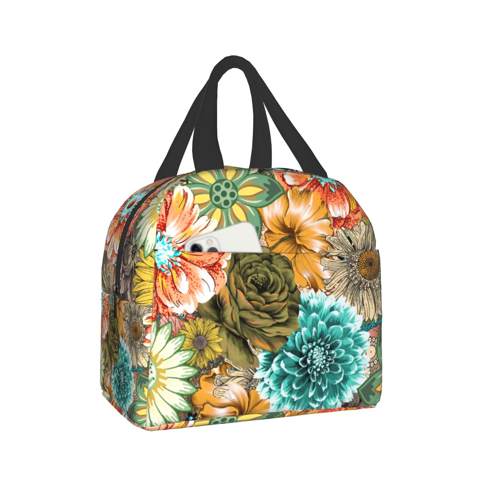 Giwawa Boho Flower Lunch Bag Tropical Floral Insulated Lunch Box Reusable Portable Cooler Tote Bag for Women Men