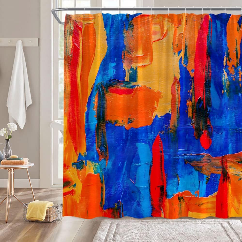 Blue Orange Shower Curtain Burnt Navy Blue Orange Abstract Brushstrokes Oil Painting Modern Art 180" Wx70 H Bathroom Decor Curtain with Hooks