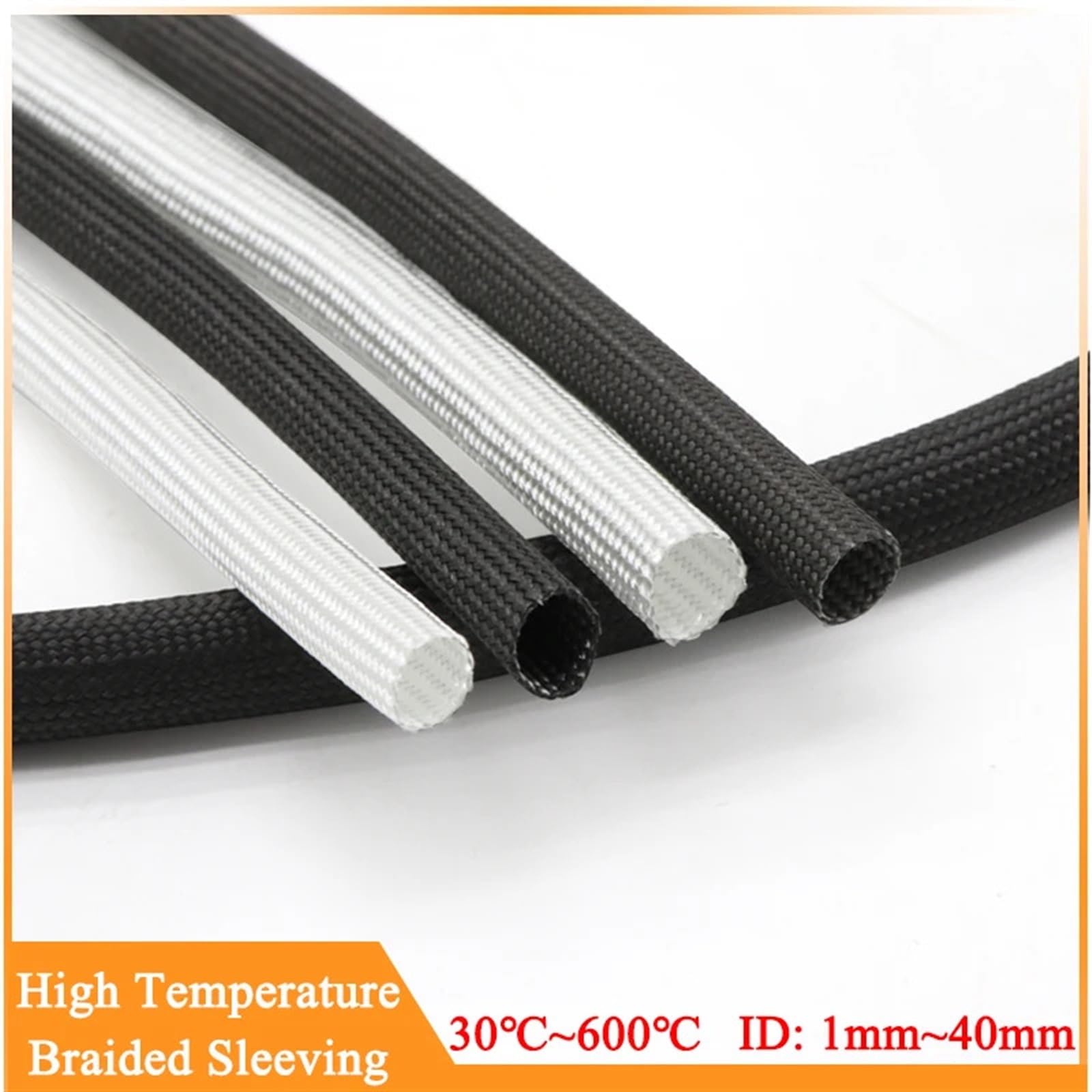 Funda Cables Electricos Manguito de Fibra Vidrio Trenzado 1/2/5/10 m con diámetro Interior 1 mm a 40, for Alta Temperatura, 600 °C, for Cables químicos(Black,Dia 40mm,10 Meters)