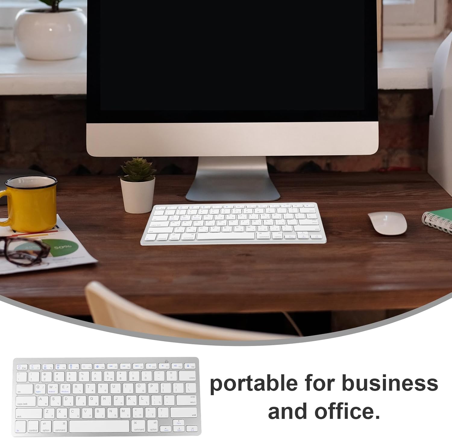 Hebrew Keyboard,Wireless Computer Silent Keyboard Ultra Slim Compact for Laptop Computer (White)