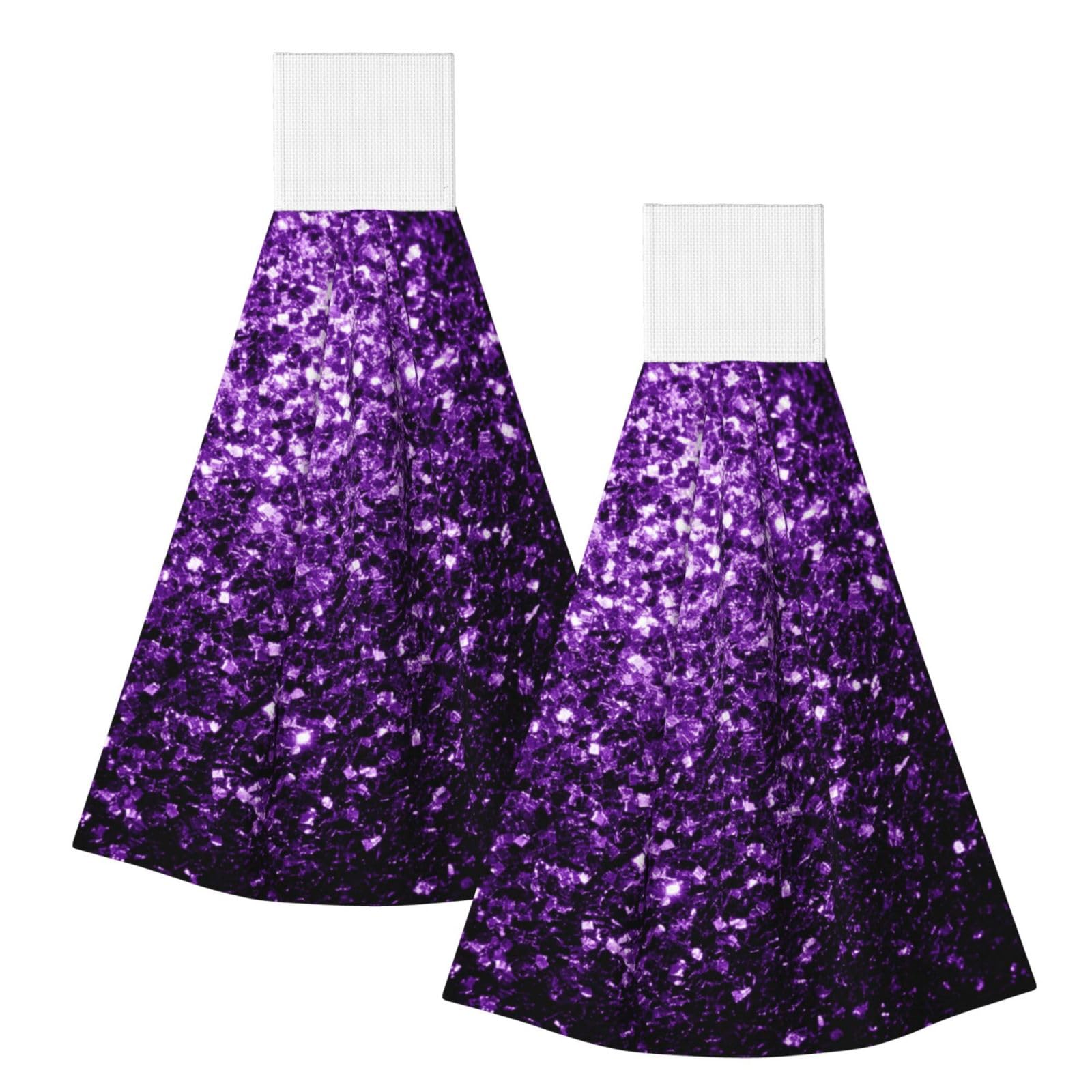 DOPKLNA Beautiful Purple Glitter, 2 Pcs Hanging Coral Fiber Hand Towels for Bathroom, Absorbent Kitchen Towels