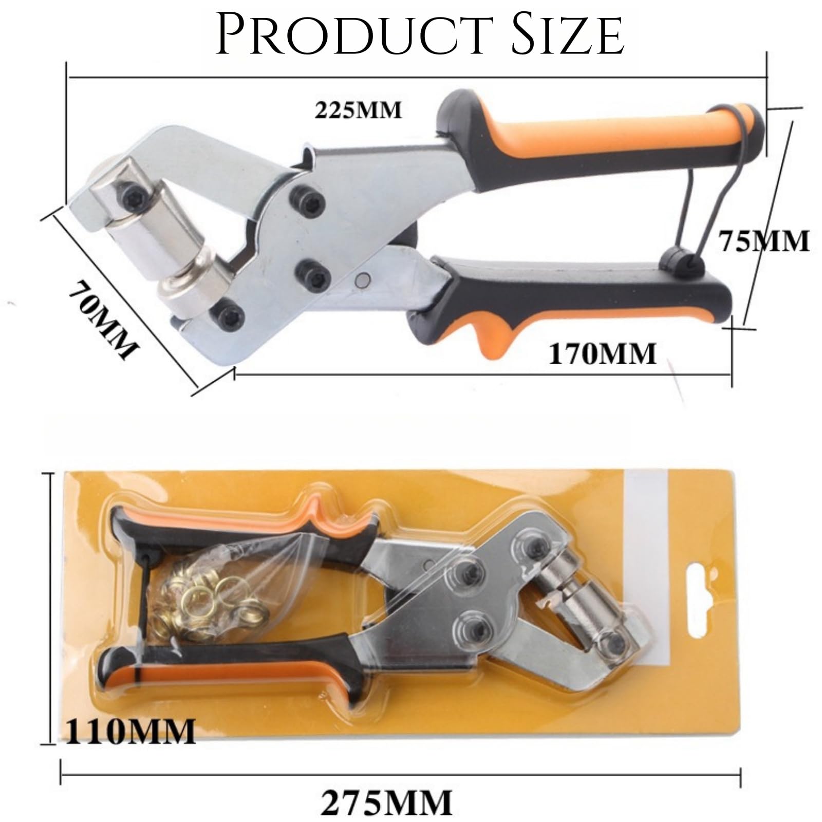 1 pinza professionale per occhielli con 100 occhielli inossidabili (Ø 10 mm), pressa magnetica in acciaio temprato per tessuti e teloni, punzonatura per occhielli e occhielli in metallo
