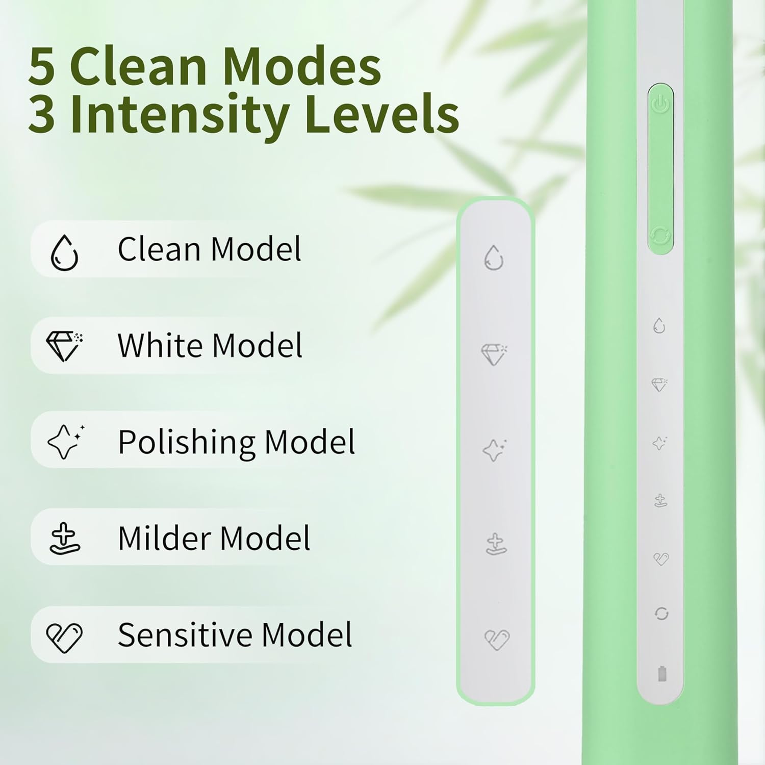 Bamboo Electric Toothbrush丨Rechargeable Electric Toothbrush with 4 Bamboo Heads, Soft Castor Oil Bristles,5 Moedes&3 Intensities, 45 Days Battery Life, IPX7 Waterproof-Light Green