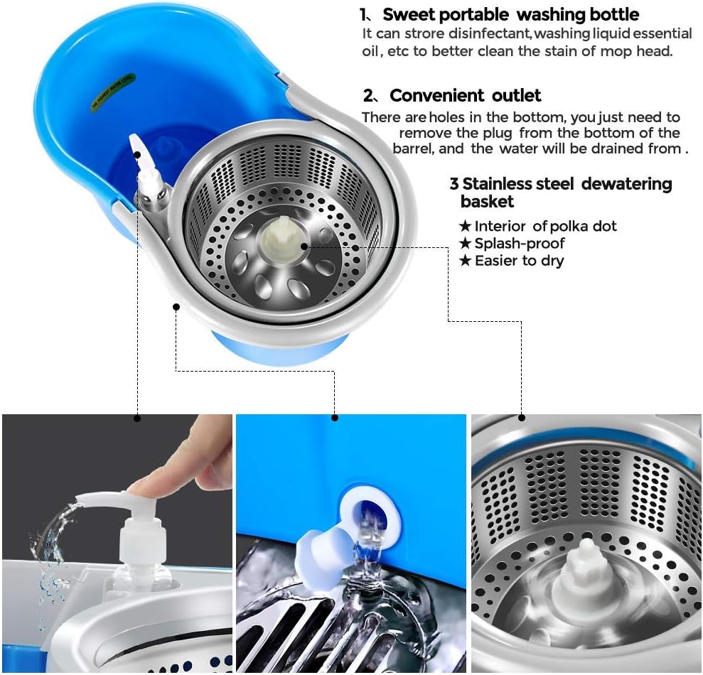 Masthome Mop Bucket with Wringer Set, 4 Extra Microfiber Mop Refills, Microfiber Spin Mop and Bucket System for Floor Cleaning, 1 Gallons Small Mop Bucket for Compact Storage，Blue